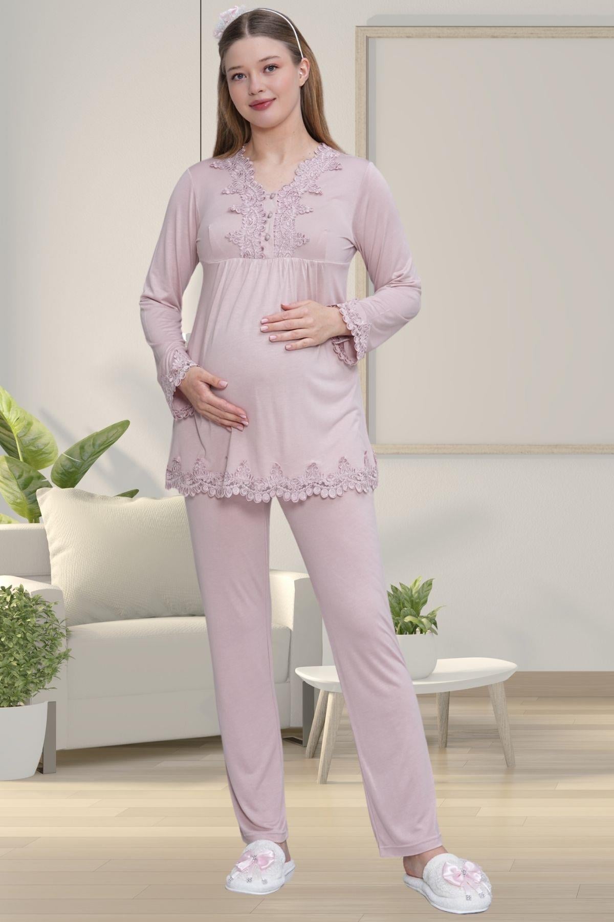 Gül Kurusu Uzun Kollu Dantel Detaylı Emzirme Kolaylıklı V Yaka Lohusa Sabahlık Gecelik Pijama Takımı 4'lü Lohusa Seti-1519