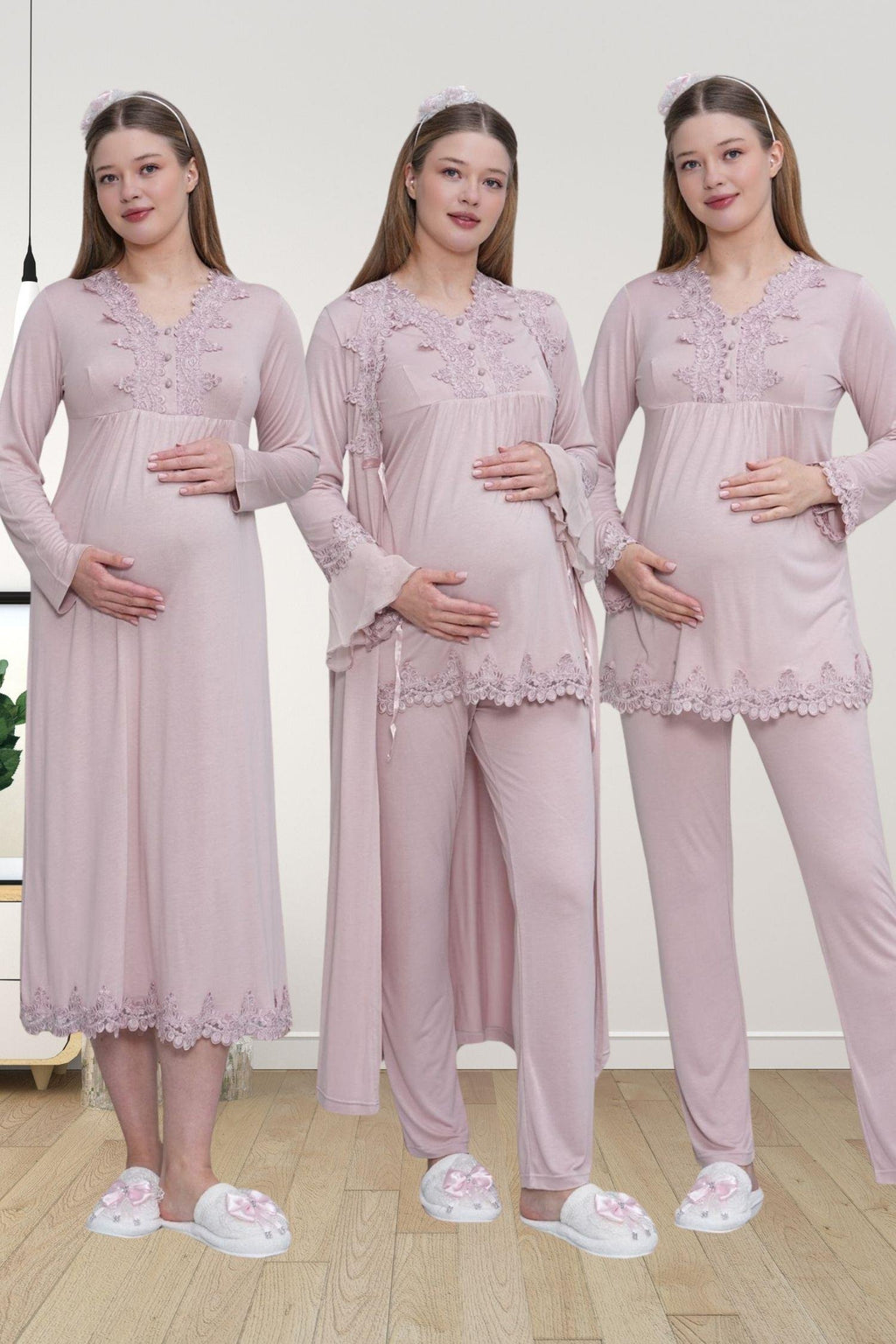Gül Kurusu Uzun Kollu Dantel Detaylı Emzirme Kolaylıklı V Yaka Lohusa Sabahlık Gecelik Pijama Takımı 4'lü Lohusa Seti-1519