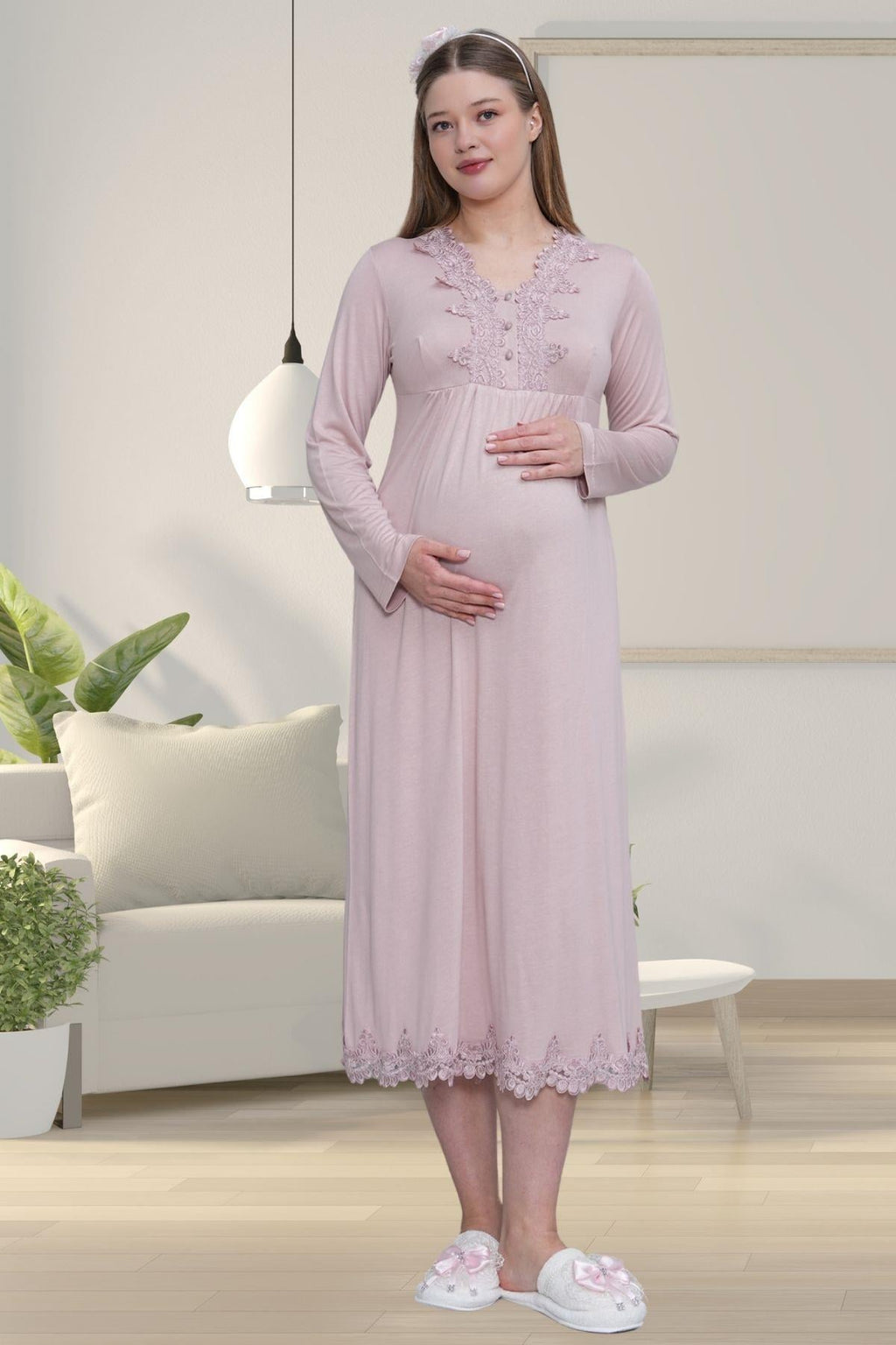 Gül Kurusu Uzun Kollu Dantel Detaylı Emzirme Kolaylıklı V Yaka Lohusa Sabahlık Gecelik Pijama Takımı 4'lü Lohusa Seti-1519