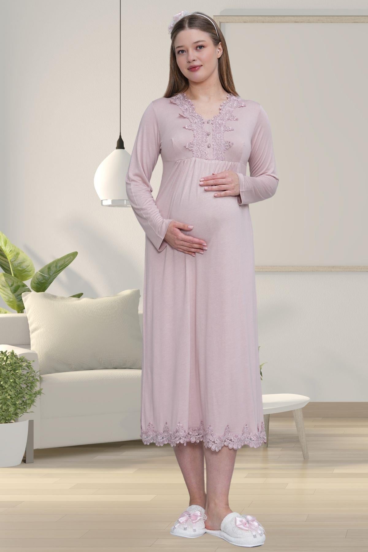 Gül Kurusu Uzun Kollu Dantel Detaylı Emzirme Kolaylıklı V Yaka Lohusa Sabahlık Gecelik Pijama Takımı 4'lü Lohusa Seti-1519