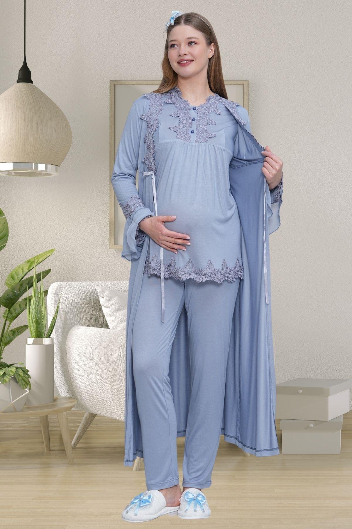 Mavi Uzun Kollu Dantel Detaylı Emzirme Kolaylıklı V Yaka Lohusa Sabahlık Gecelik Pijama Takımı 4'lü Lohusa Seti-1519