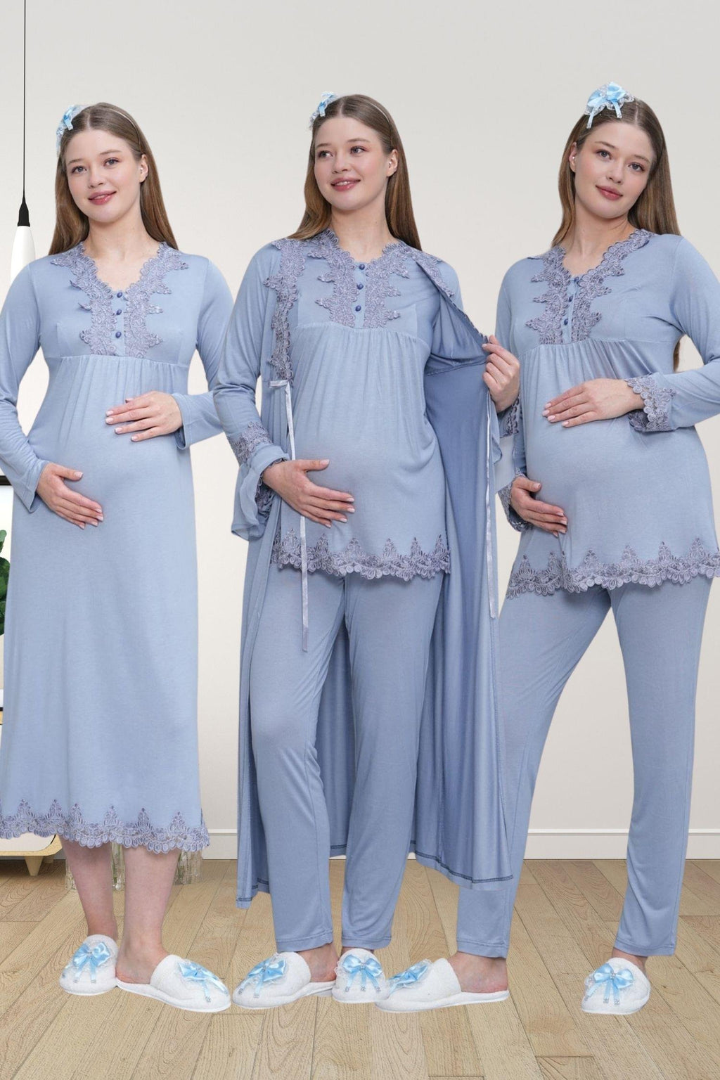 Mavi Uzun Kollu Dantel Detaylı Emzirme Kolaylıklı V Yaka Lohusa Sabahlık Gecelik Pijama Takımı 4'lü Lohusa Seti-1519