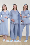 Mavi Uzun Kollu Dantel Detaylı Emzirme Kolaylıklı V Yaka Lohusa Sabahlık Gecelik Pijama Takımı 4'lü Lohusa Seti-1519