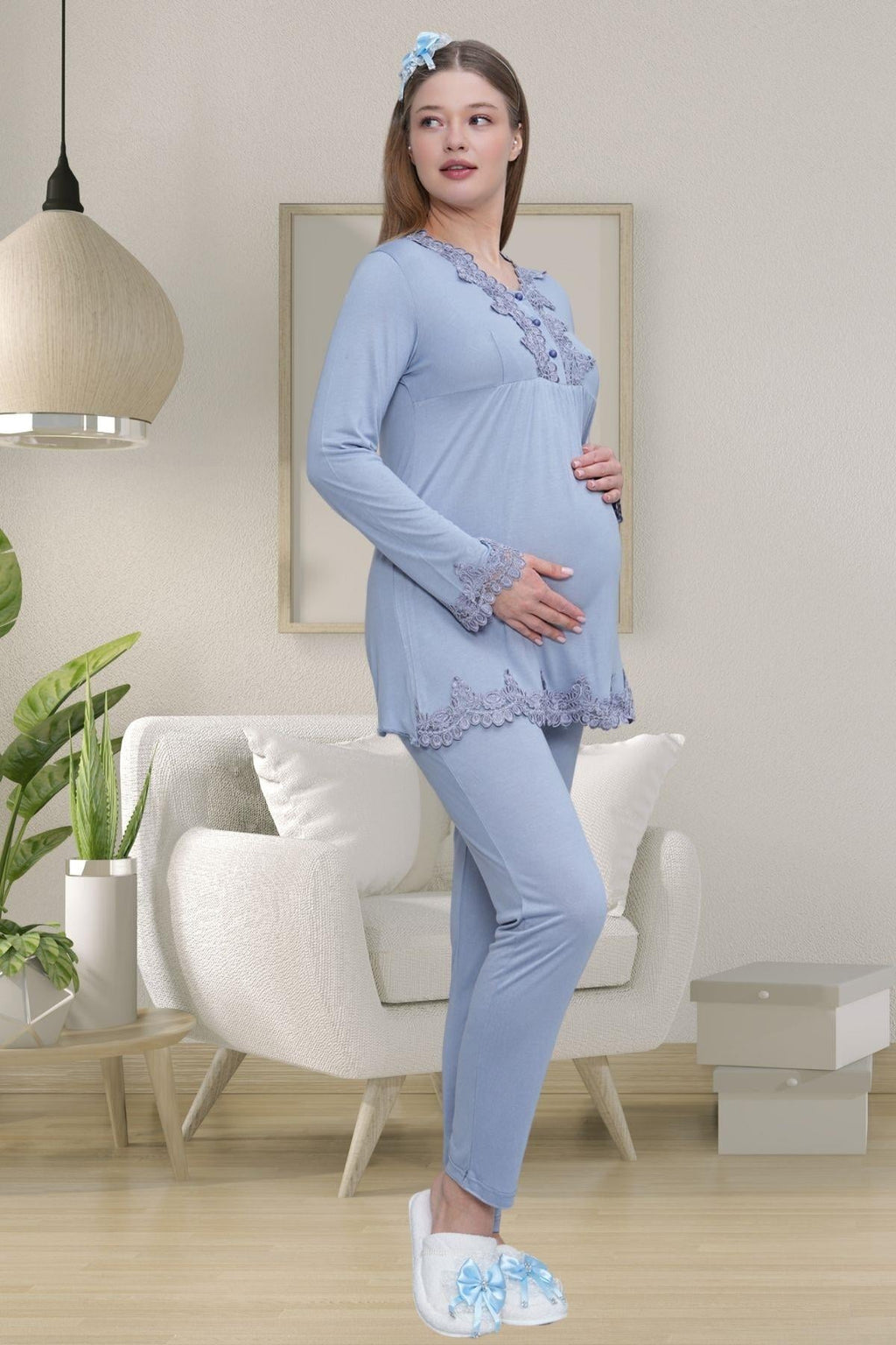 Mavi Uzun Kollu Dantel Detaylı Emzirme Kolaylıklı V Yaka Lohusa Sabahlık Gecelik Pijama Takımı 4'lü Lohusa Seti-1519