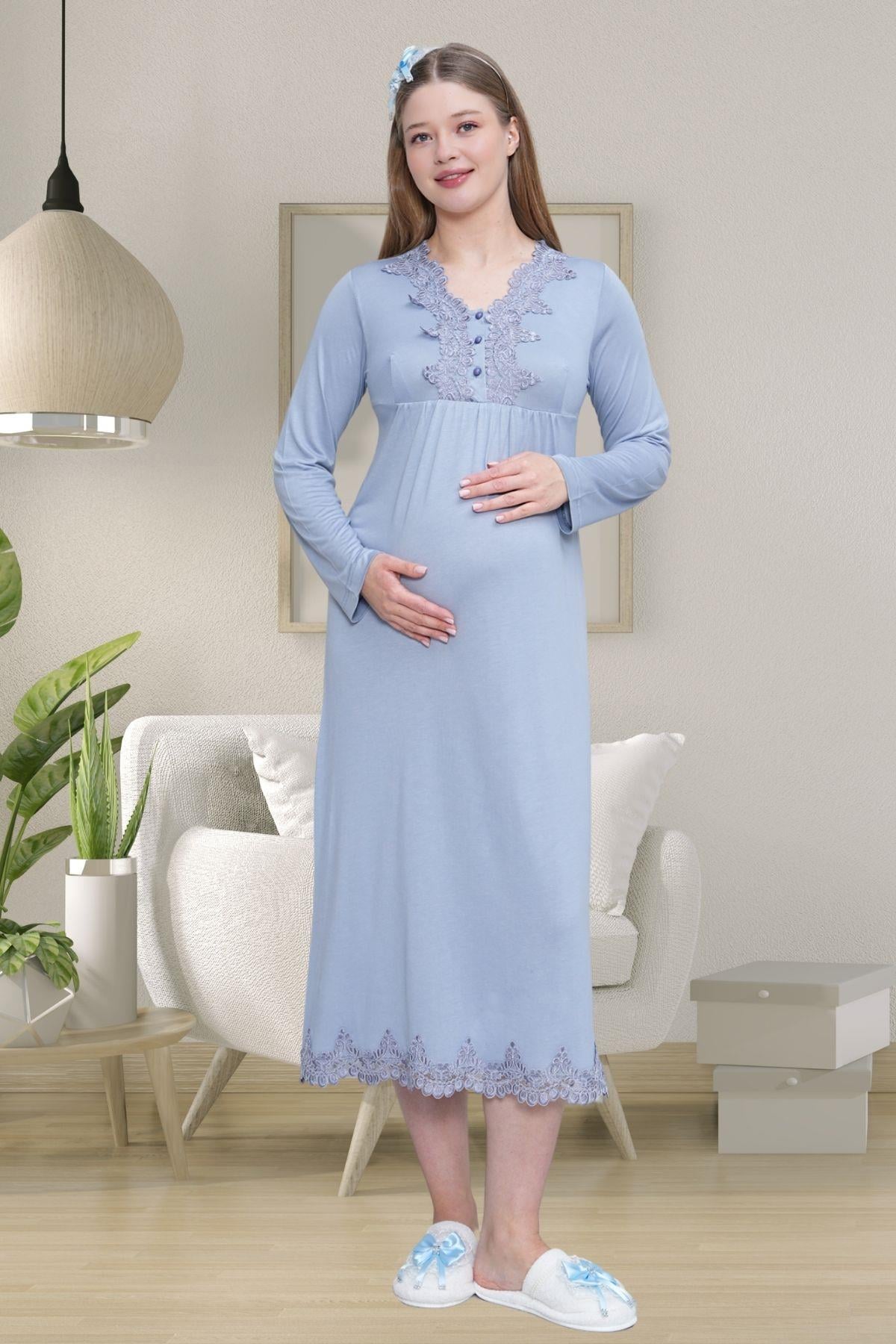 Mavi Uzun Kollu Dantel Detaylı Emzirme Kolaylıklı V Yaka Lohusa Sabahlık Gecelik Pijama Takımı 4'lü Lohusa Seti-1519