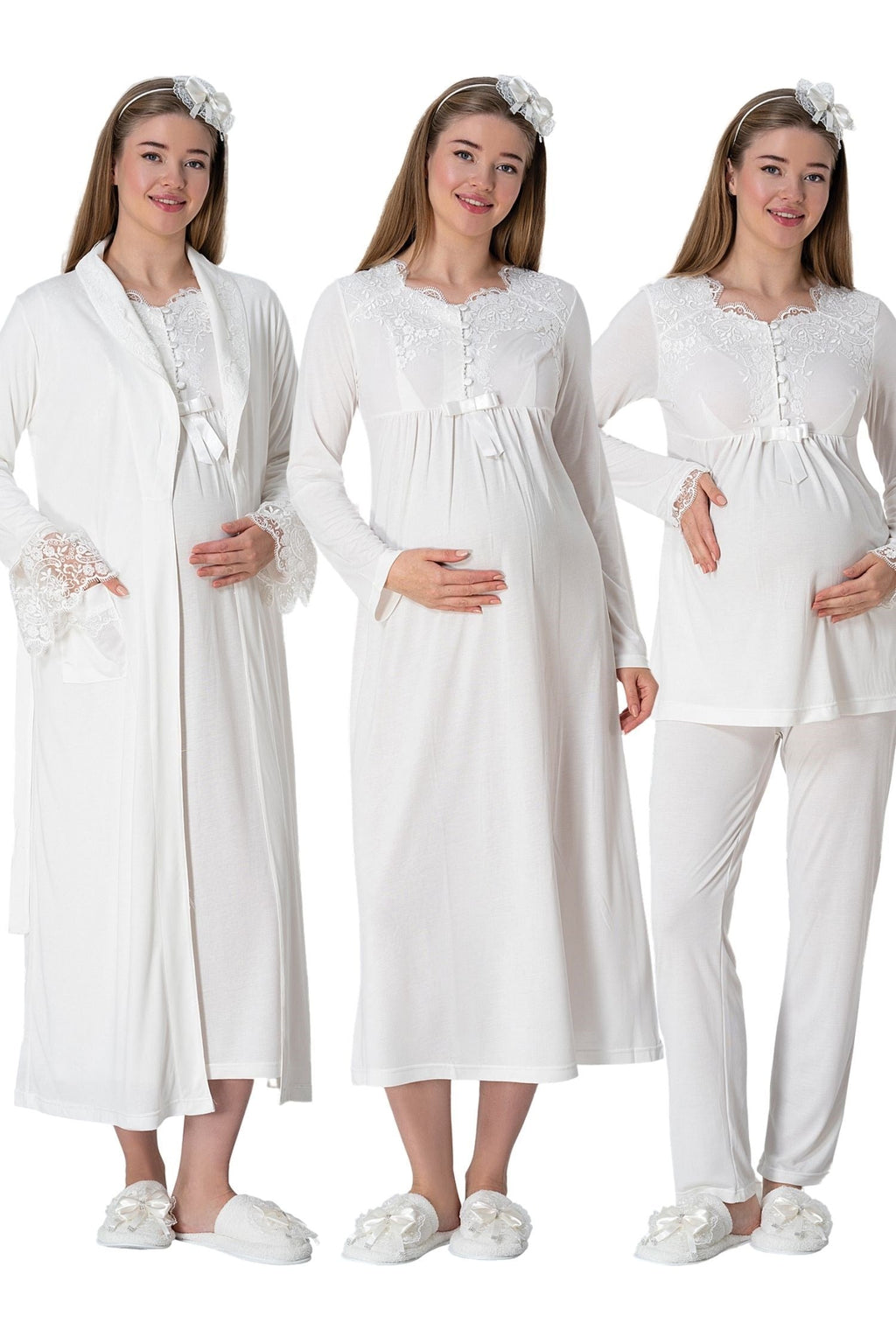 Ekru Truvakar Kollu Dantel Detaylı Emzirme Özellikli Sabahlık Gecelik Pijama Takımı 4'Lü Lohusa Seti-1924
