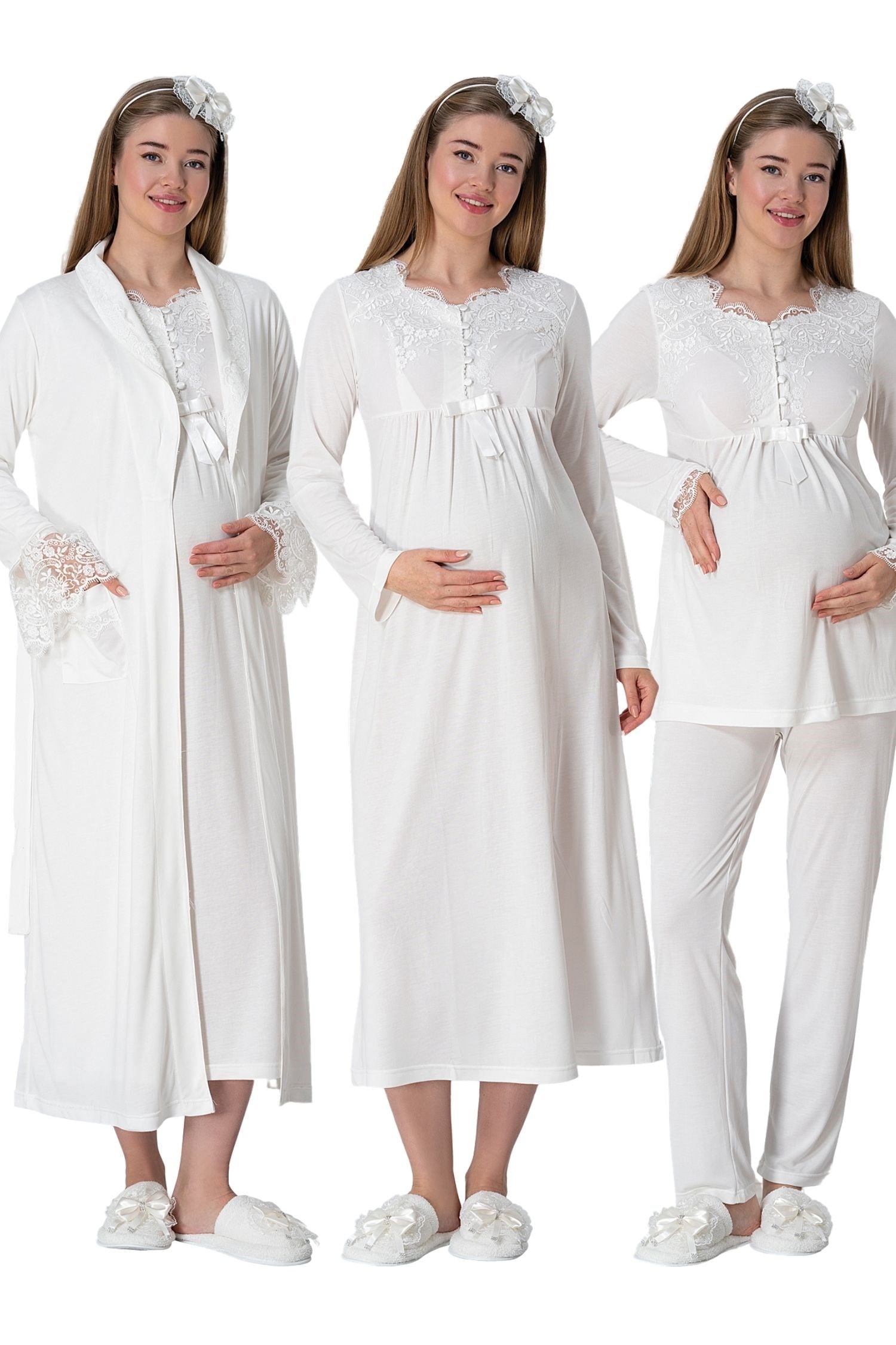 Ekru Truvakar Kollu Dantel Detaylı Emzirme Özellikli Sabahlık Gecelik Pijama Takımı 4'Lü Lohusa Seti-1924