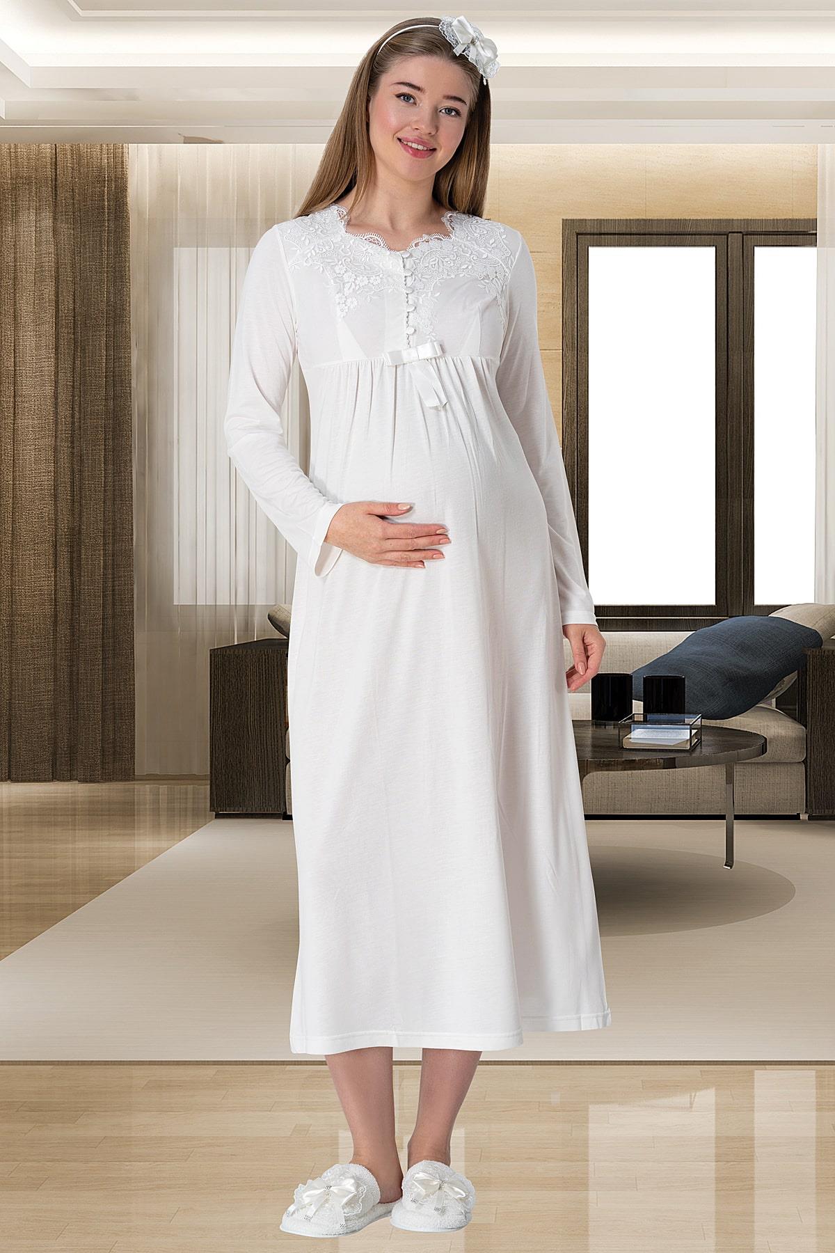 Ekru Truvakar Kollu Dantel Detaylı Emzirme Özellikli Sabahlık Gecelik Pijama Takımı 4'Lü Lohusa Seti-1924