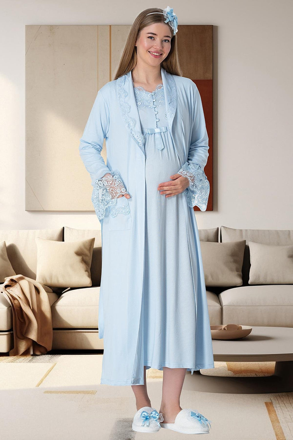 Mavi Truvakar Kollu Dantel Detaylı Emzirme Özellikli Sabahlık Gecelik Pijama Takımı 4'Lü Lohusa Seti-1924