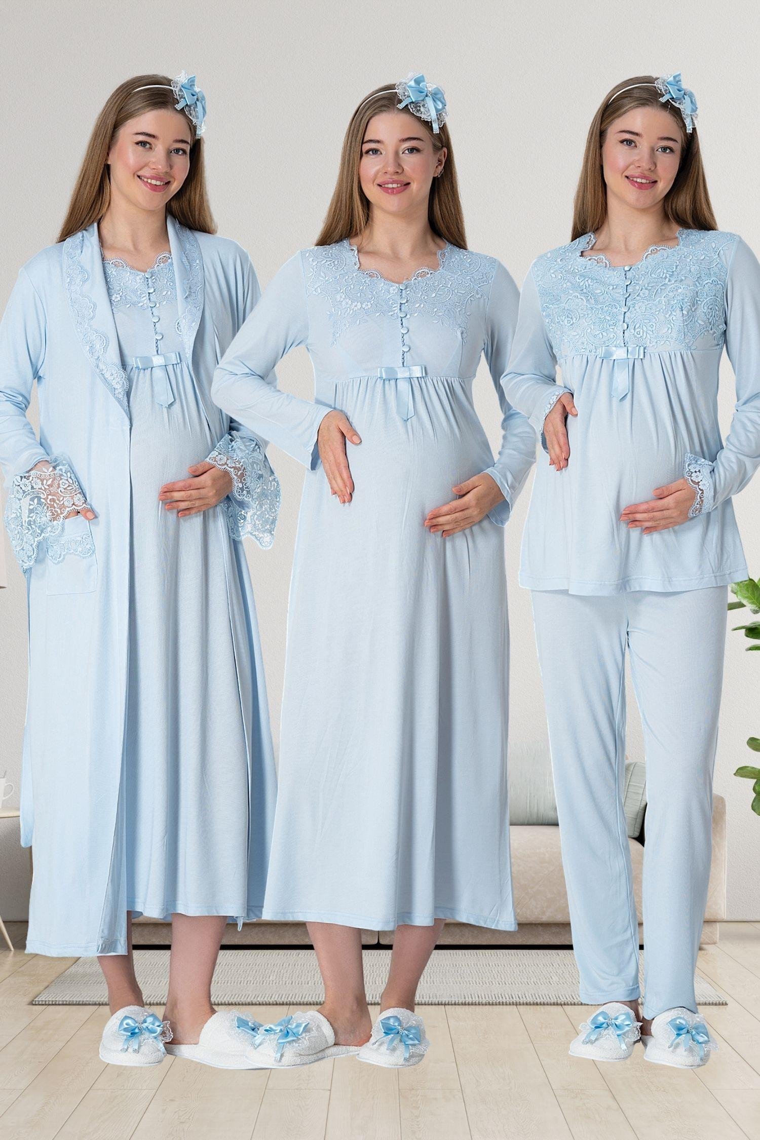 Mavi Truvakar Kollu Dantel Detaylı Emzirme Özellikli Sabahlık Gecelik Pijama Takımı 4'Lü Lohusa Seti-1924