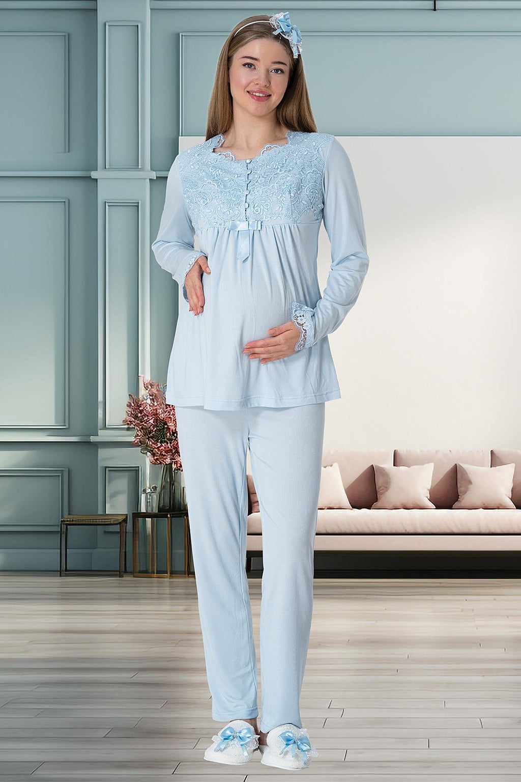 Mavi Truvakar Kollu Dantel Detaylı Emzirme Özellikli Sabahlık Gecelik Pijama Takımı 4'Lü Lohusa Seti-1924