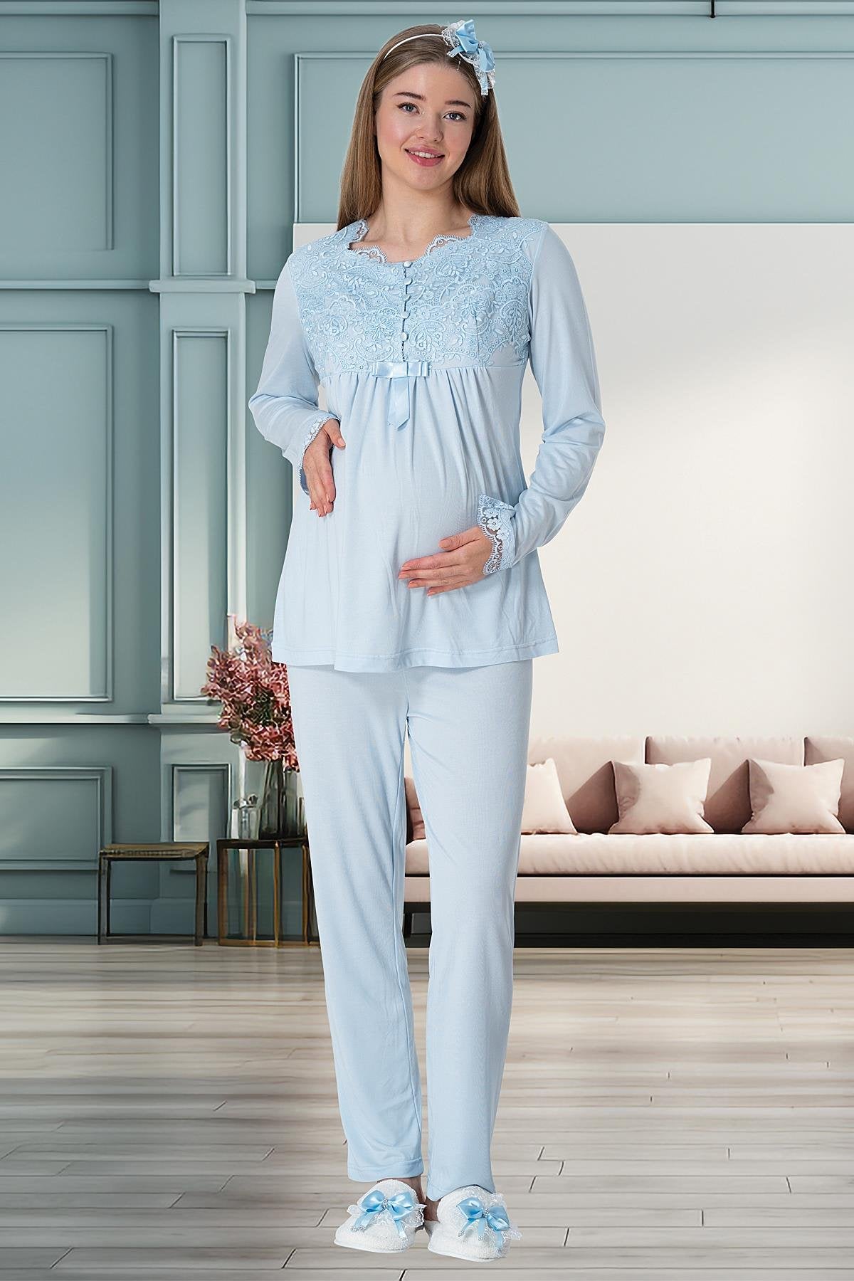 Mavi Truvakar Kollu Dantel Detaylı Emzirme Özellikli Sabahlık Gecelik Pijama Takımı 4'Lü Lohusa Seti-1924