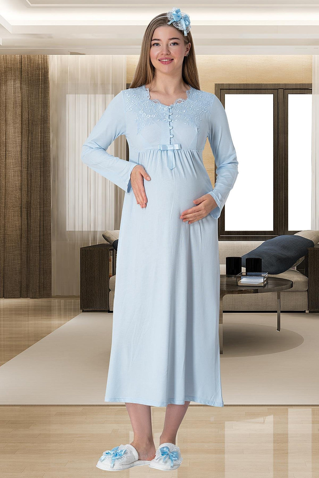 Mavi Truvakar Kollu Dantel Detaylı Emzirme Özellikli Sabahlık Gecelik Pijama Takımı 4'Lü Lohusa Seti-1924