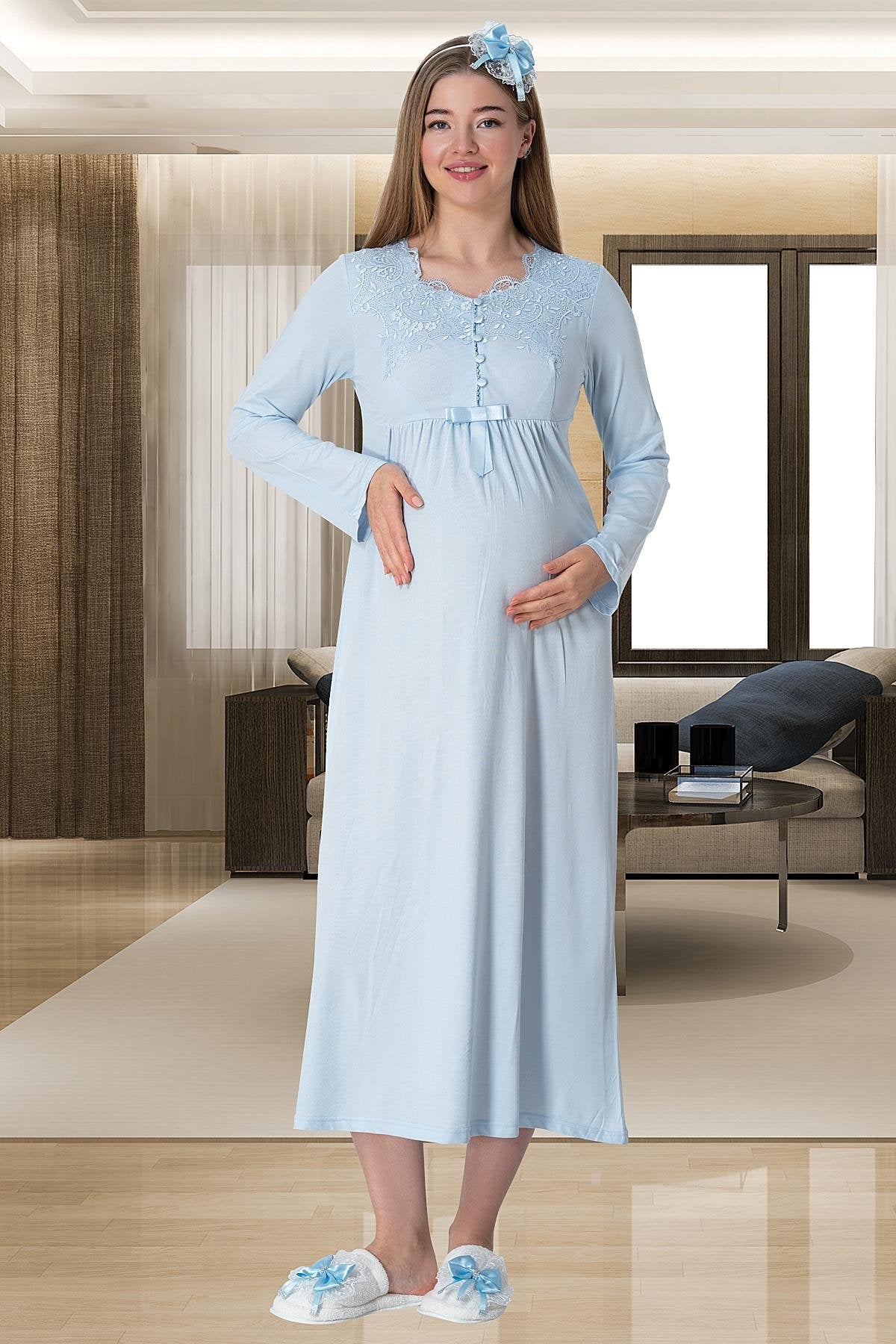 Mavi Truvakar Kollu Dantel Detaylı Emzirme Özellikli Sabahlık Gecelik Pijama Takımı 4'Lü Lohusa Seti-1924
