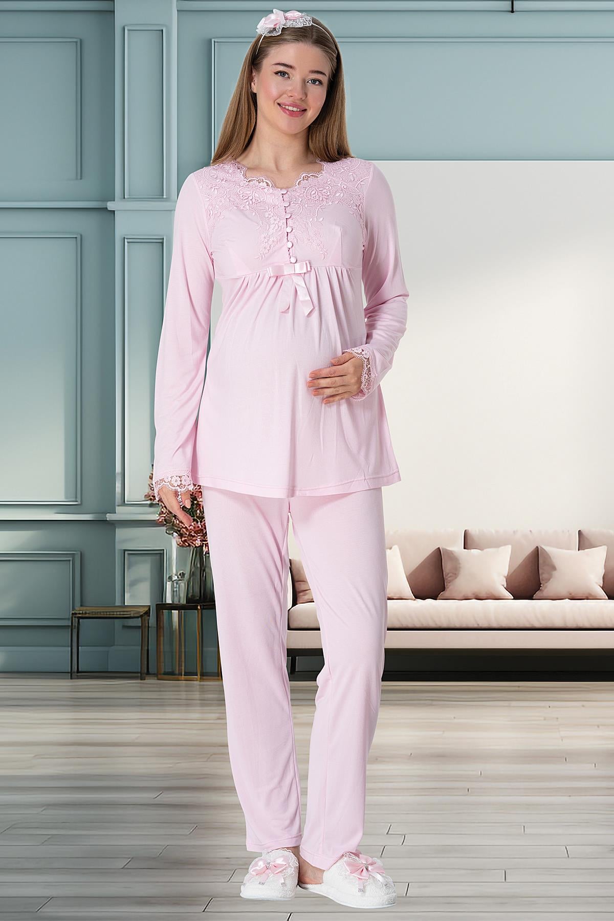 Pembe Truvakar Kollu Dantel Detaylı Emzirme Özellikli Sabahlık Gecelik Pijama Takımı 4'Lü Lohusa Seti-1924