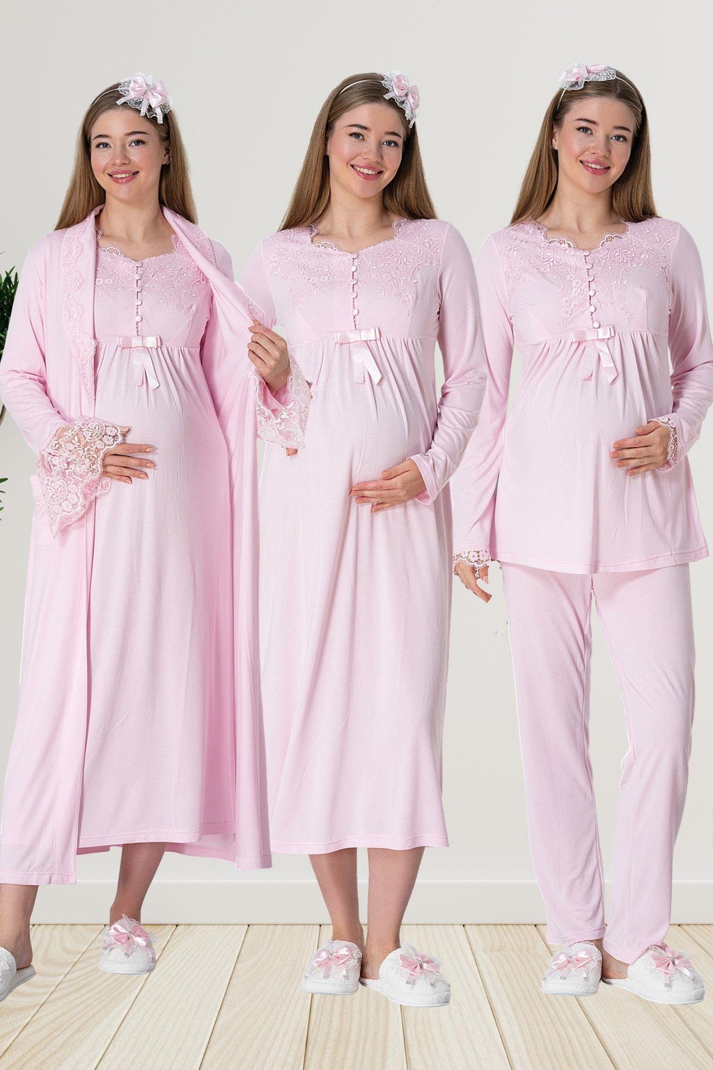 Pembe Truvakar Kollu Dantel Detaylı Emzirme Özellikli Sabahlık Gecelik Pijama Takımı 4'Lü Lohusa Seti-1924