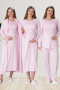 Pembe Truvakar Kollu Dantel Detaylı Emzirme Özellikli Sabahlık Gecelik Pijama Takımı 4'Lü Lohusa Seti-1924