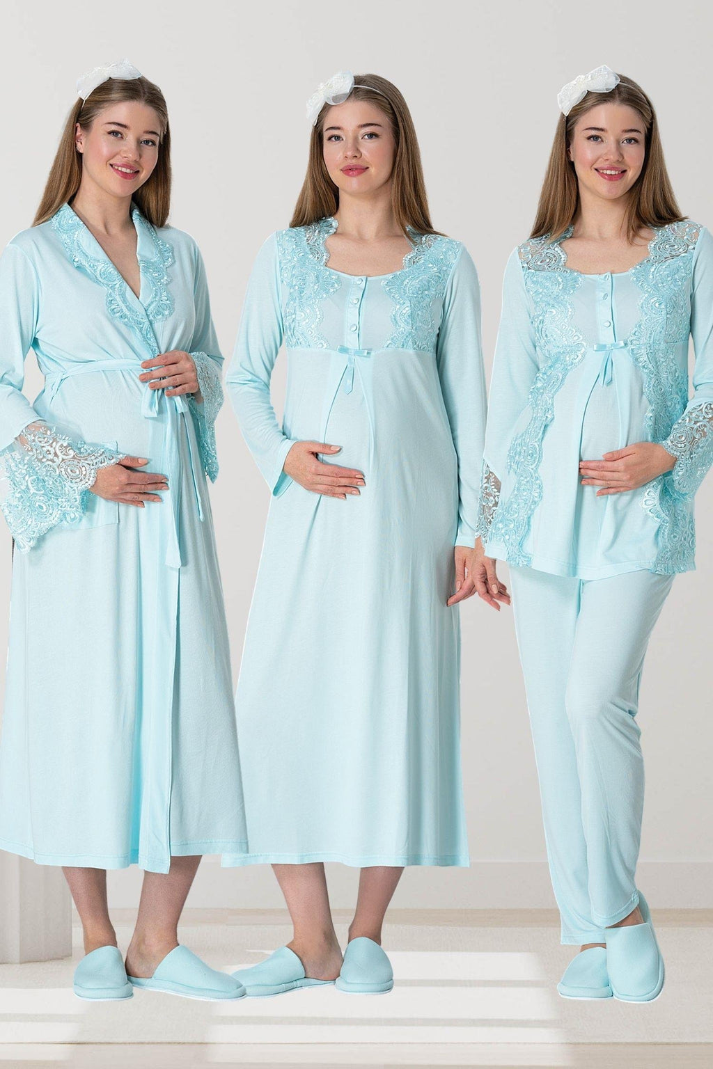 Turkuaz Truvakar Kollu Şık Dantel Detaylı Emzirme Özellikli Sabahlık Gecelik Pijama Takımı 4'Lü Lohusa Seti-5355