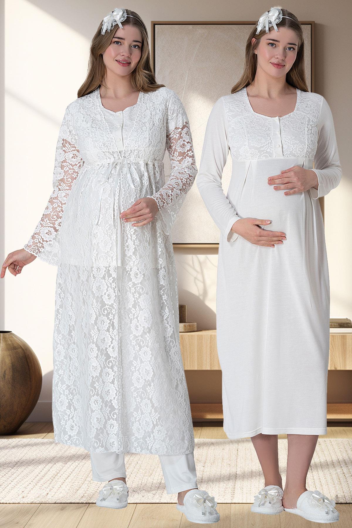 Ekru Dantel Sabahlıklı Emzirme Kolaylıklı Lohusa Gecelik Pijama Takımı 4'lü Lohusa Seti-6060