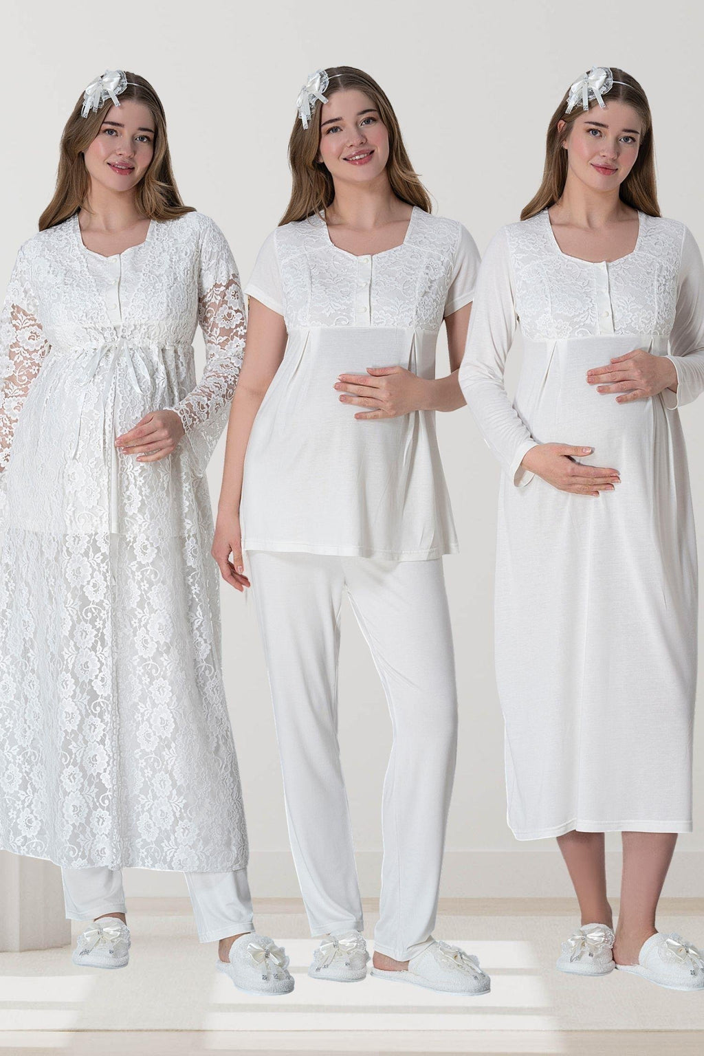 Ekru Dantel Sabahlıklı Emzirme Kolaylıklı Lohusa Gecelik Pijama Takımı 4'lü Lohusa Seti-6060