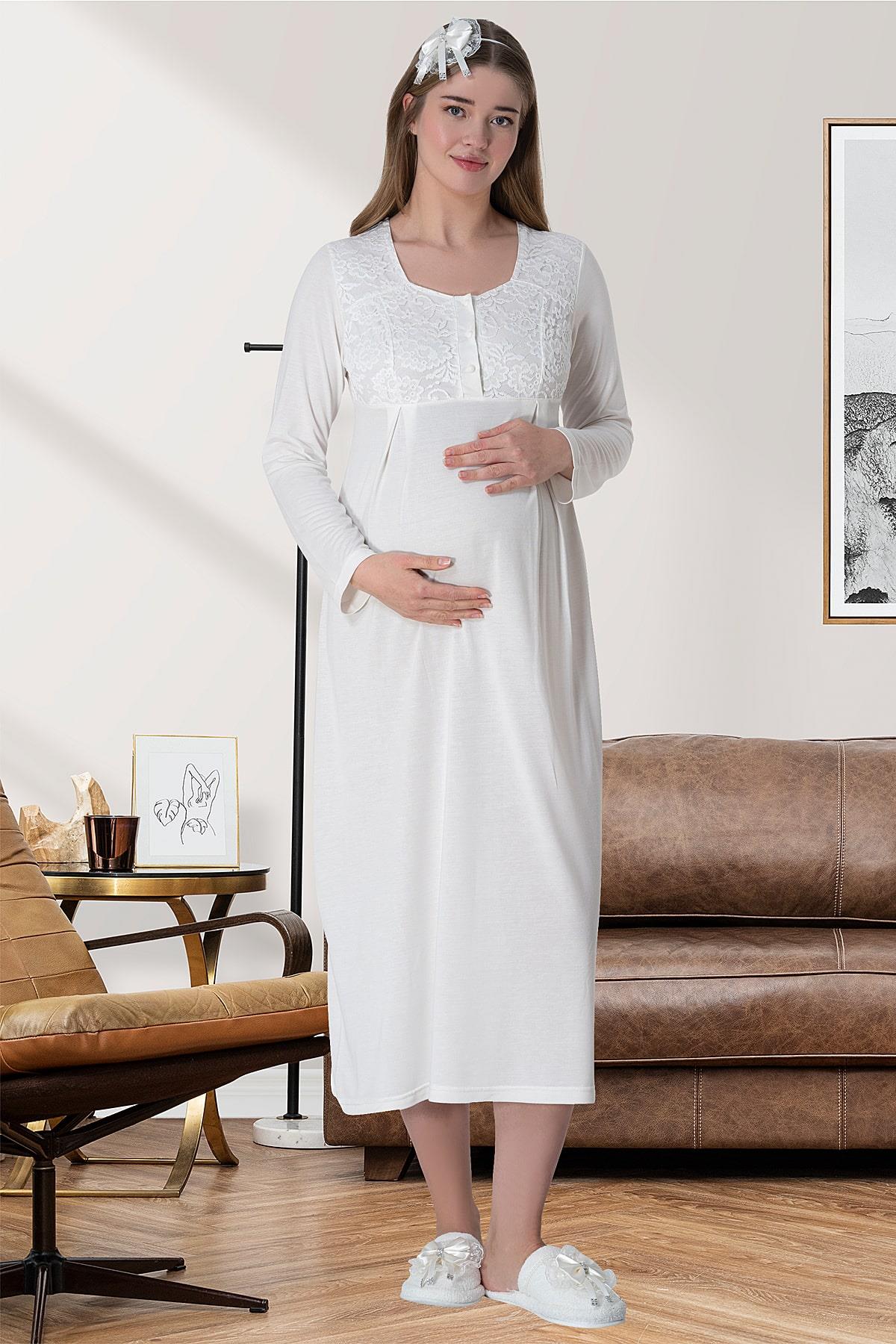 Ekru Dantel Sabahlıklı Emzirme Kolaylıklı Lohusa Gecelik Pijama Takımı 4'lü Lohusa Seti-6060