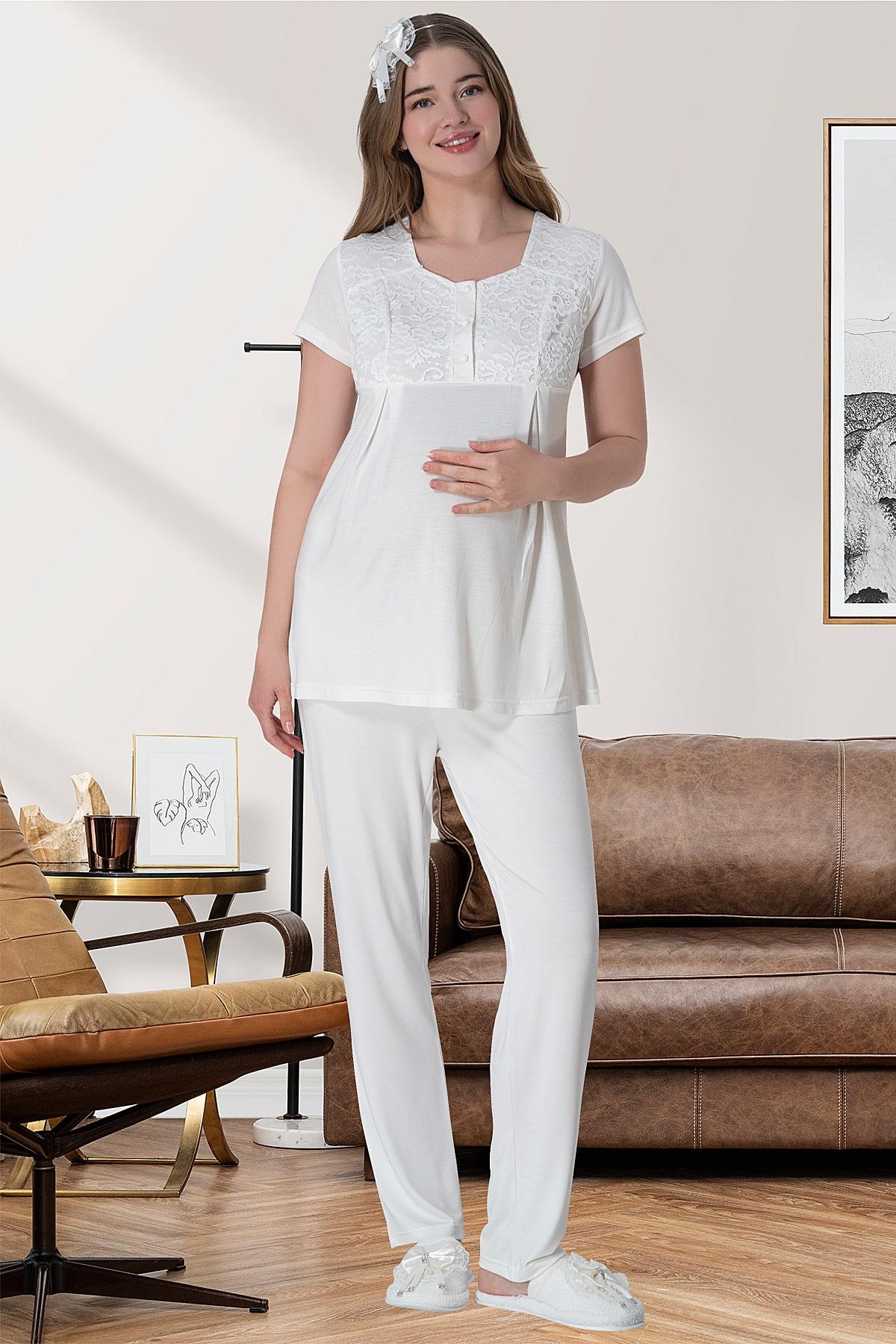 Ekru Dantel Sabahlıklı Emzirme Kolaylıklı Lohusa Gecelik Pijama Takımı 4'lü Lohusa Seti-6060