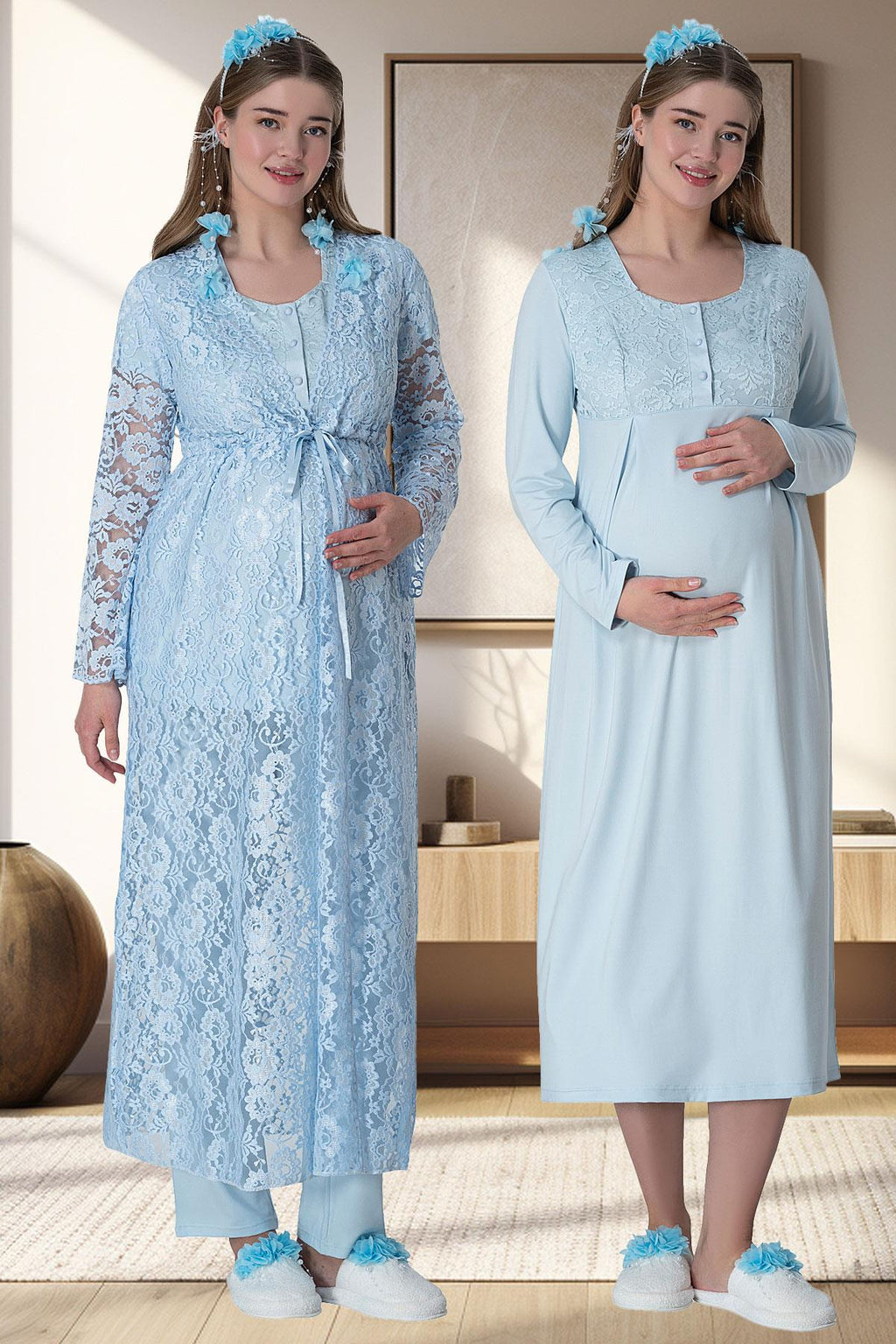 Mavi Dantel Sabahlıklı Emzirme Kolaylıklı Lohusa Gecelik Pijama Takımı 4'lü Lohusa Seti-6060