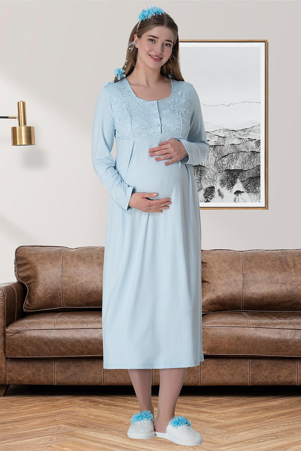 Mavi Dantel Sabahlıklı Emzirme Kolaylıklı Lohusa Gecelik Pijama Takımı 4'lü Lohusa Seti-6060