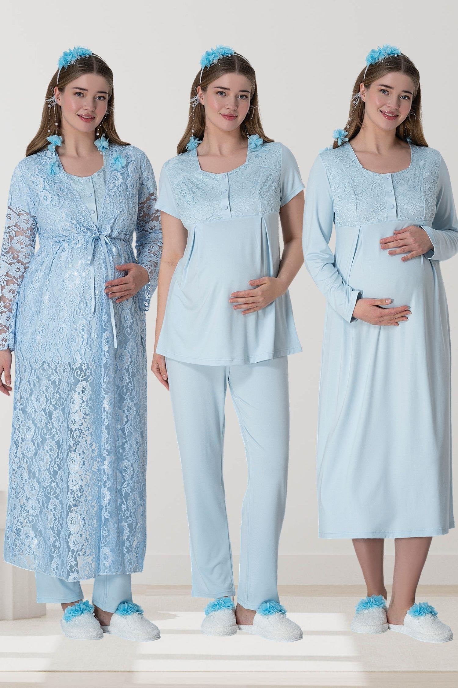 Mavi Dantel Sabahlıklı Emzirme Kolaylıklı Lohusa Gecelik Pijama Takımı 4'lü Lohusa Seti-6060
