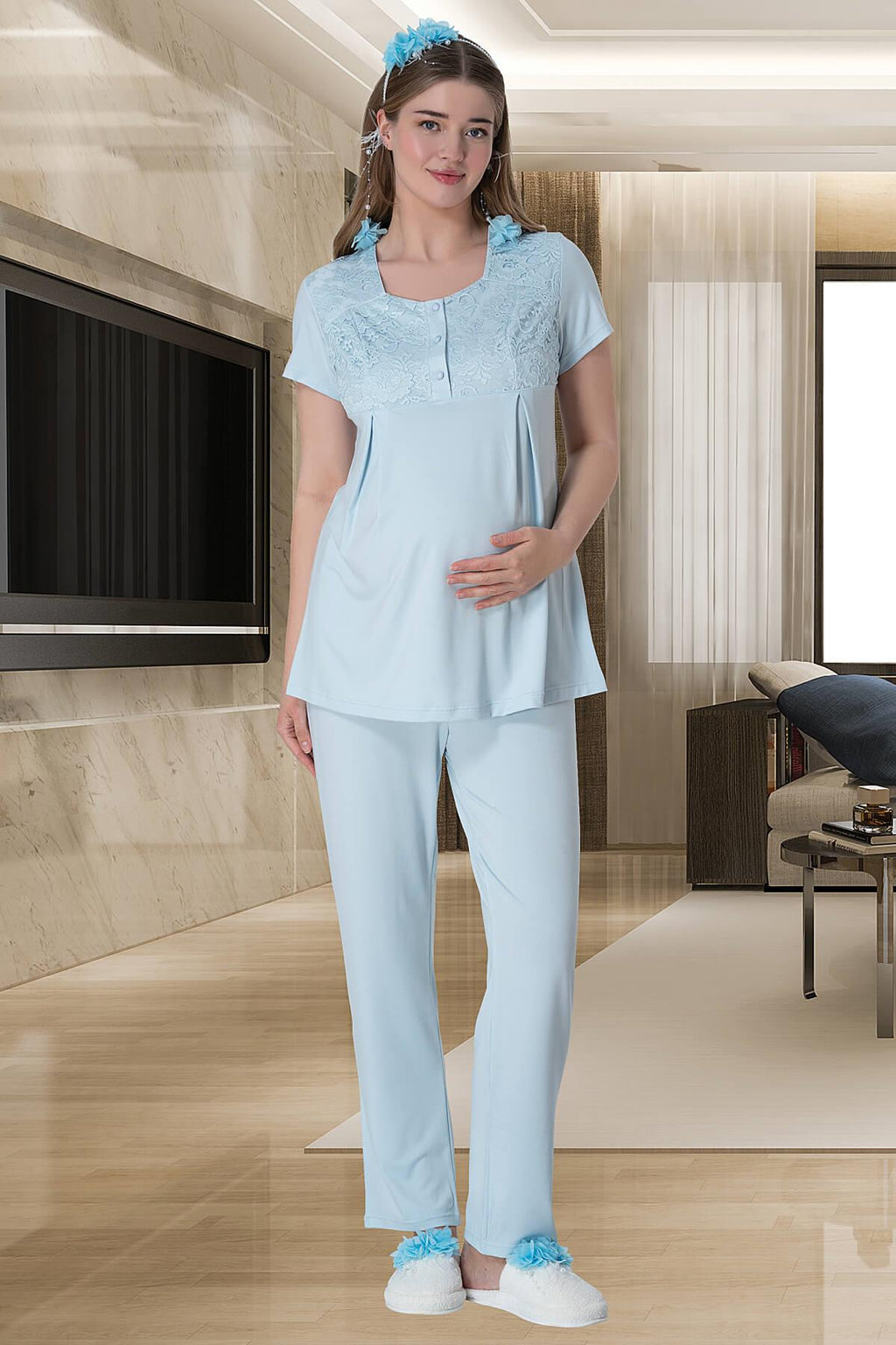 Mavi Dantel Sabahlıklı Emzirme Kolaylıklı Lohusa Gecelik Pijama Takımı 4'lü Lohusa Seti-6060