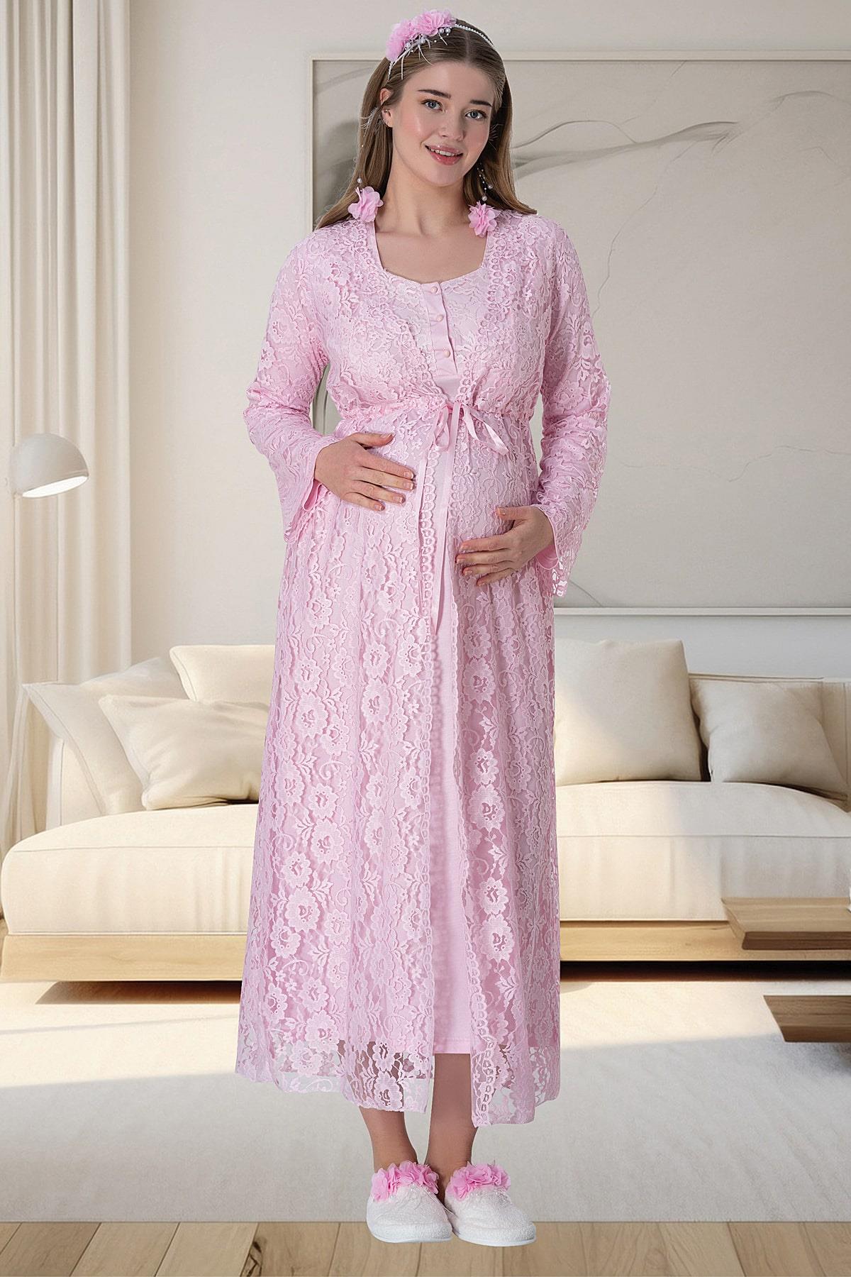Pembe Dantel Sabahlıklı Emzirme Kolaylıklı Lohusa Gecelik Pijama Takımı 4'lü Lohusa Seti-6060