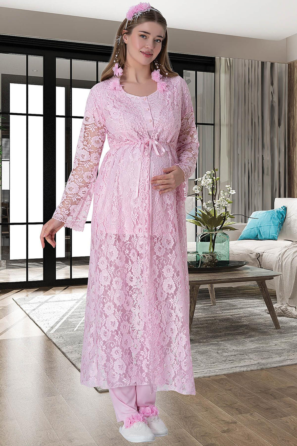 Pembe Dantel Sabahlıklı Emzirme Kolaylıklı Lohusa Gecelik Pijama Takımı 4'lü Lohusa Seti-6060