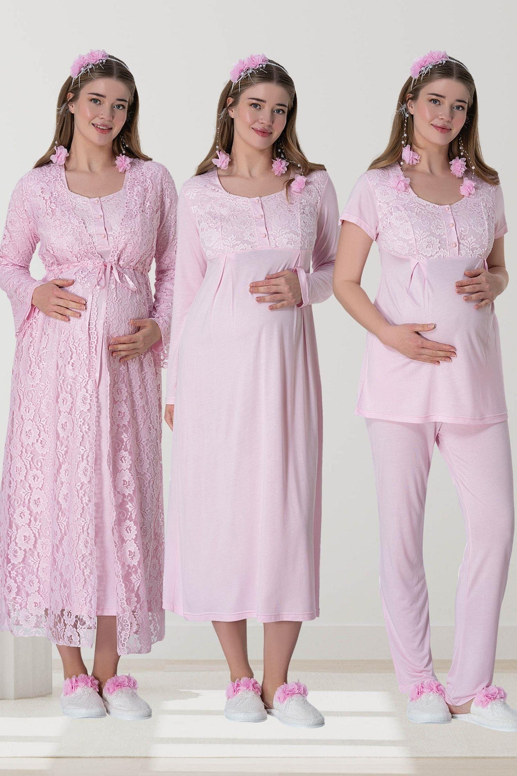 Pembe Dantel Sabahlıklı Emzirme Kolaylıklı Lohusa Gecelik Pijama Takımı 4'lü Lohusa Seti-6060