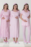 Pembe Dantel Sabahlıklı Emzirme Kolaylıklı Lohusa Gecelik Pijama Takımı 4'lü Lohusa Seti-6060