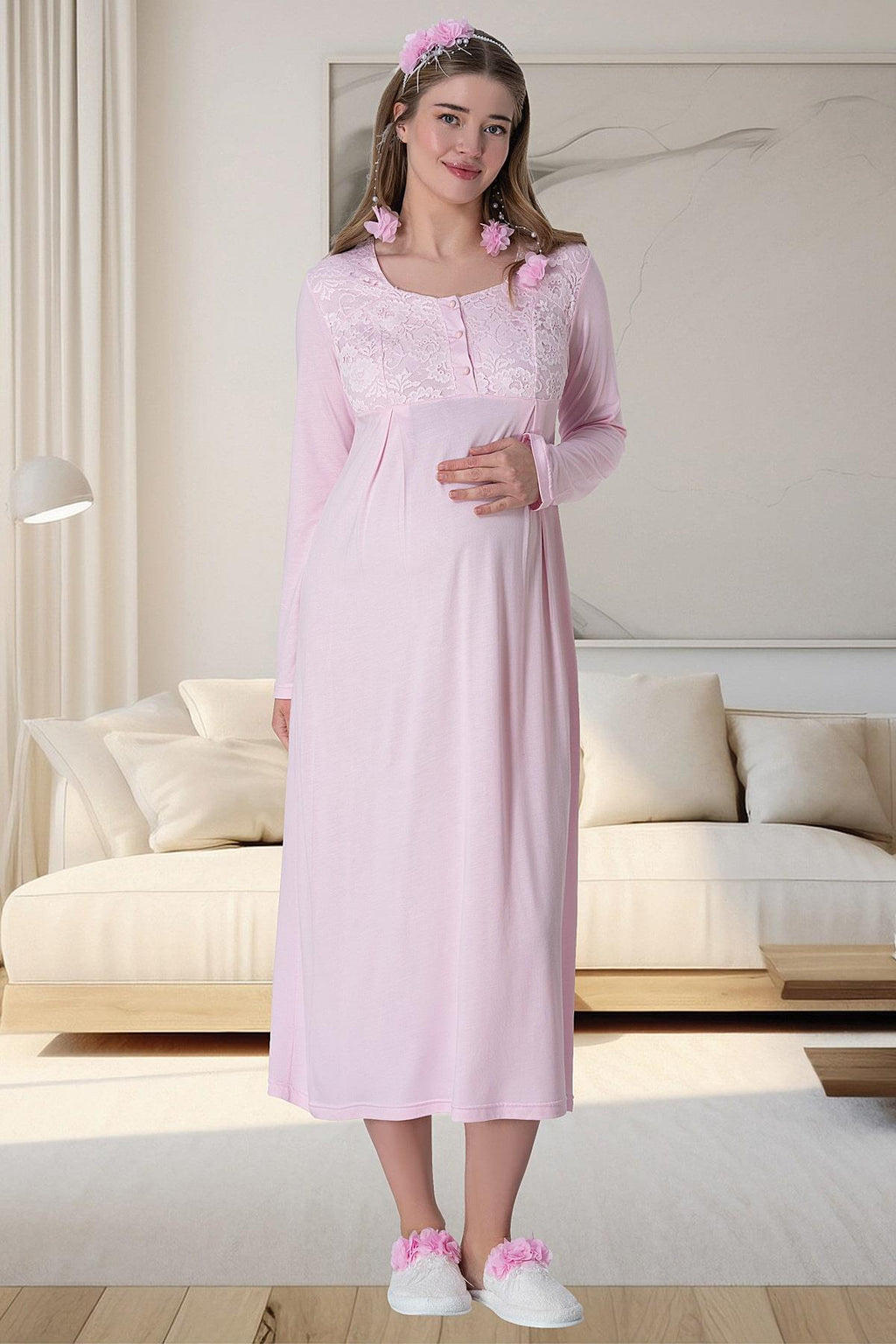 Pembe Dantel Sabahlıklı Emzirme Kolaylıklı Lohusa Gecelik Pijama Takımı 4'lü Lohusa Seti-6060