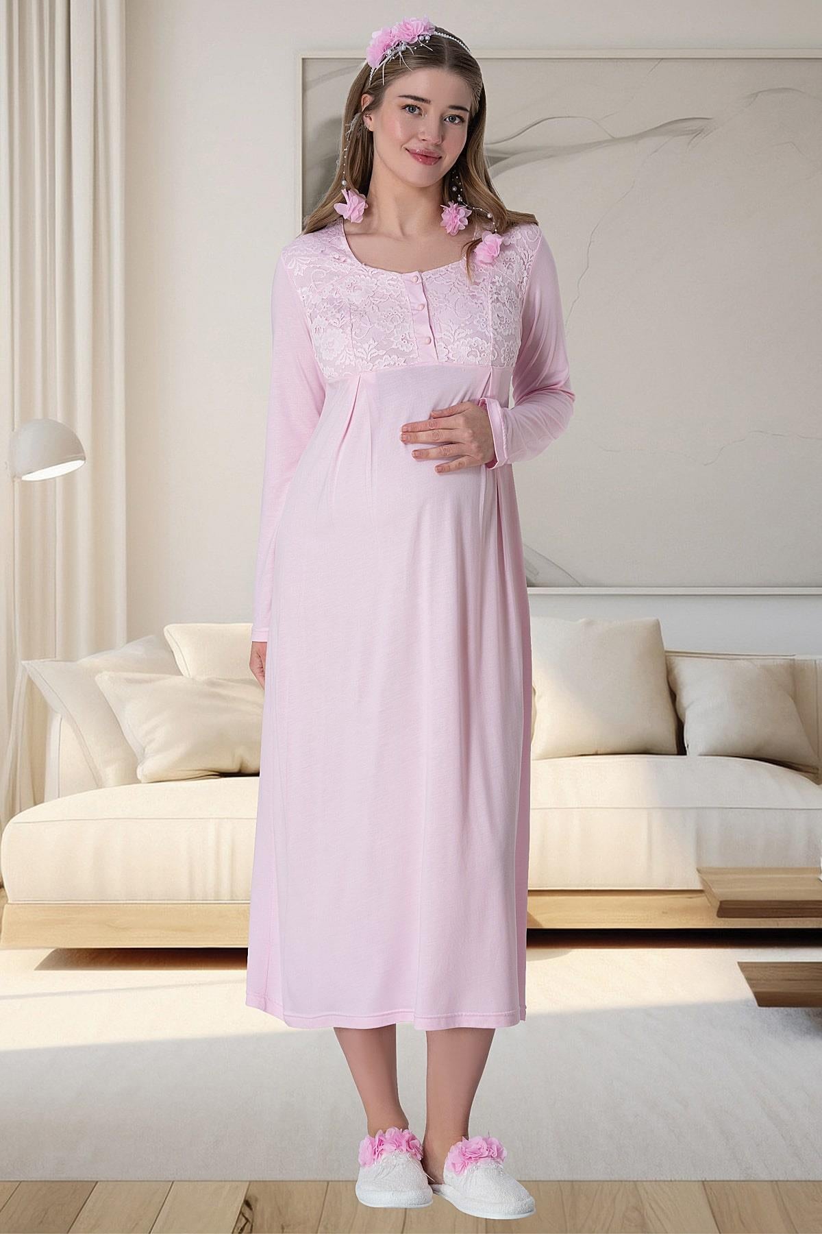 Pembe Dantel Sabahlıklı Emzirme Kolaylıklı Lohusa Gecelik Pijama Takımı 4'lü Lohusa Seti-6060