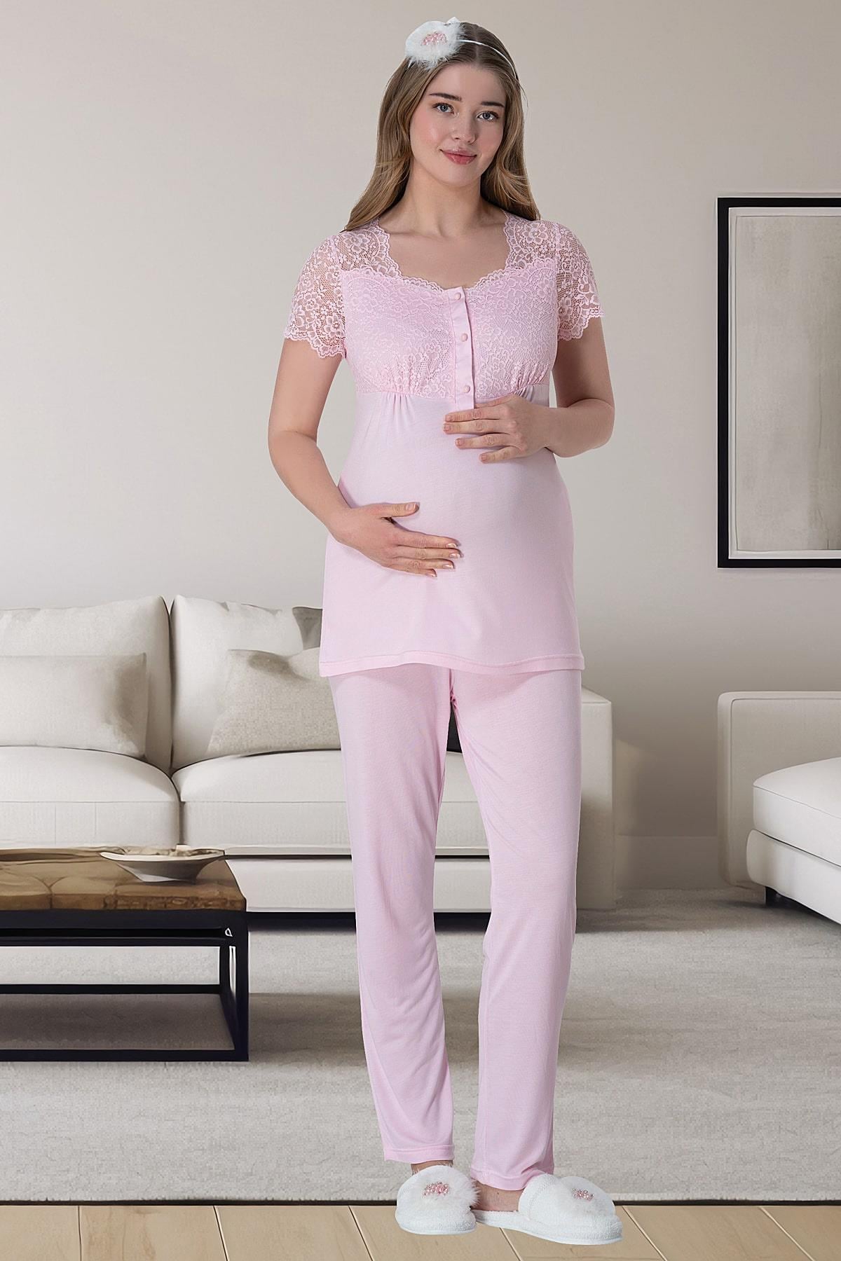 Pembe Kısa Kollu Dantel Detaylı Emzirme Kolaylıklı Lohusa Sabahlık Gecelik Pijama Takımı 4'lü Lohusa Seti-6062