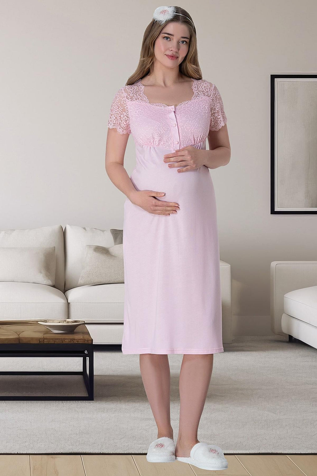 Pembe Kısa Kollu Dantel Detaylı Emzirme Kolaylıklı Lohusa Sabahlık Gecelik Pijama Takımı 4'lü Lohusa Seti-6062