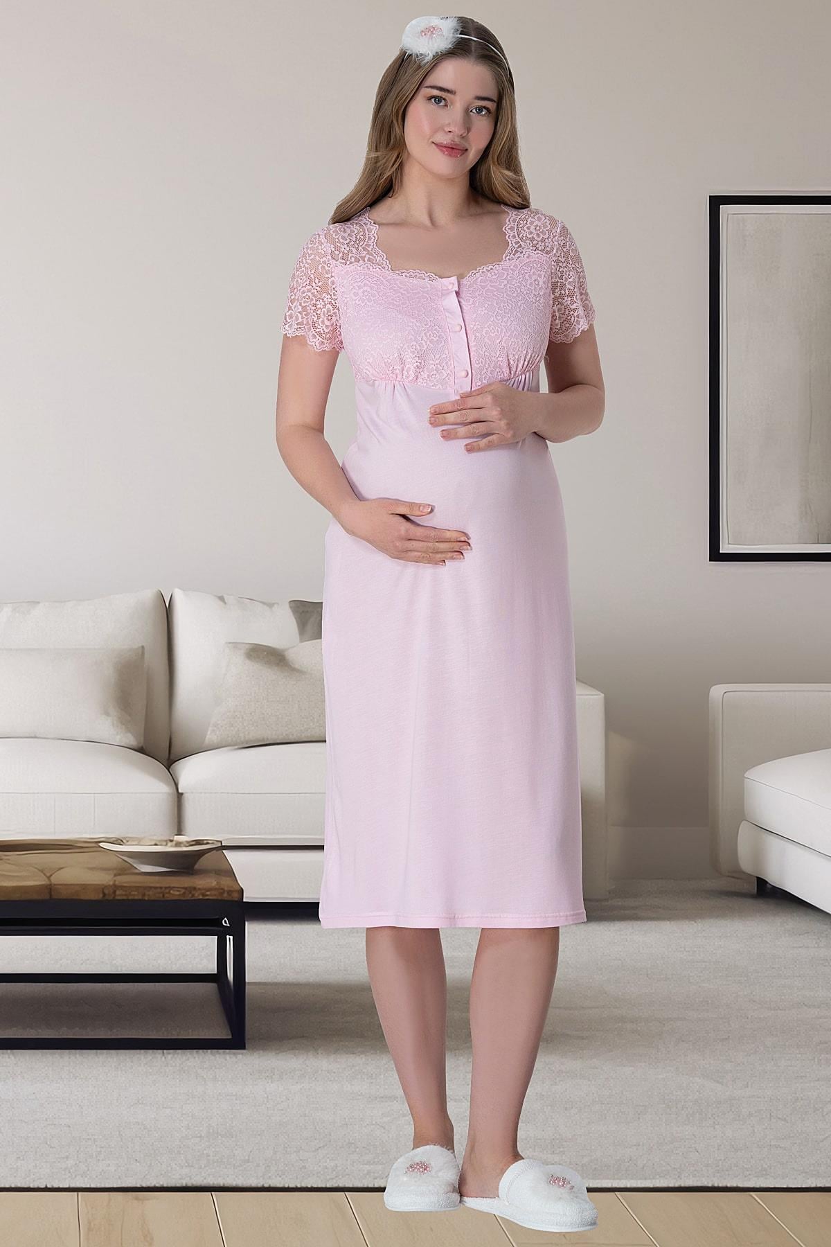 Pembe Kısa Kollu Dantel Detaylı Emzirme Kolaylıklı Lohusa Sabahlık Gecelik Pijama Takımı 4'lü Lohusa Seti-6062