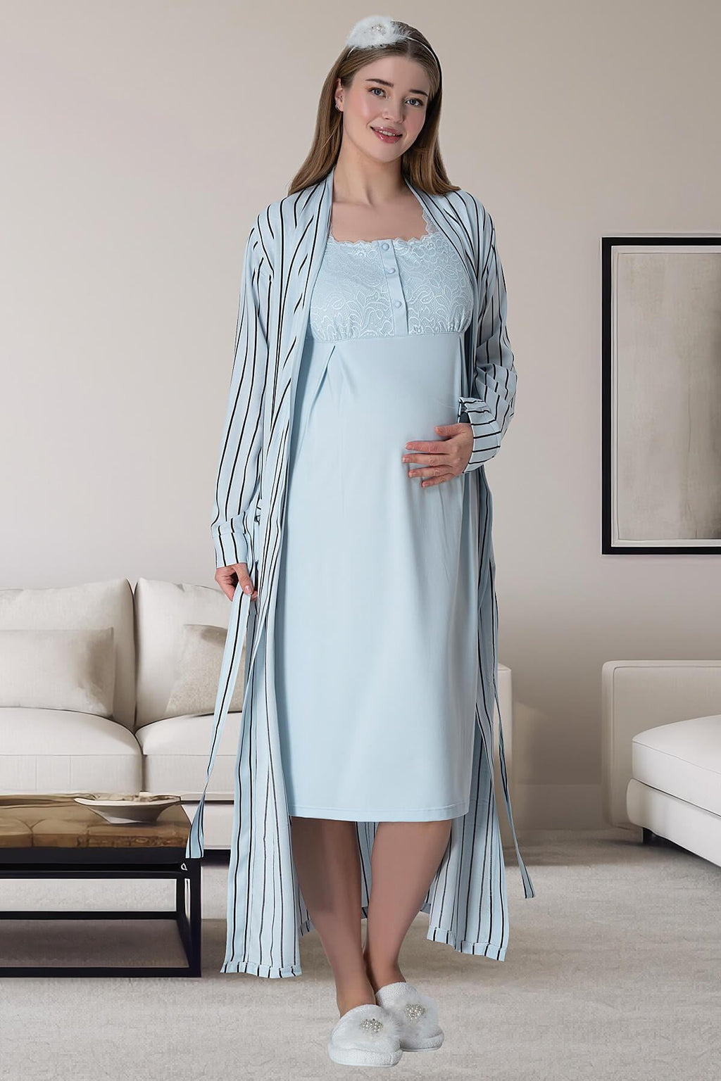 Mavi Çizgili Uzun Sabahlıklı Emzirme Kolaylıklı Dantel Detaylı Lohusa Gecelik Pijama Takımı 4'lü Lohusa Seti-6063