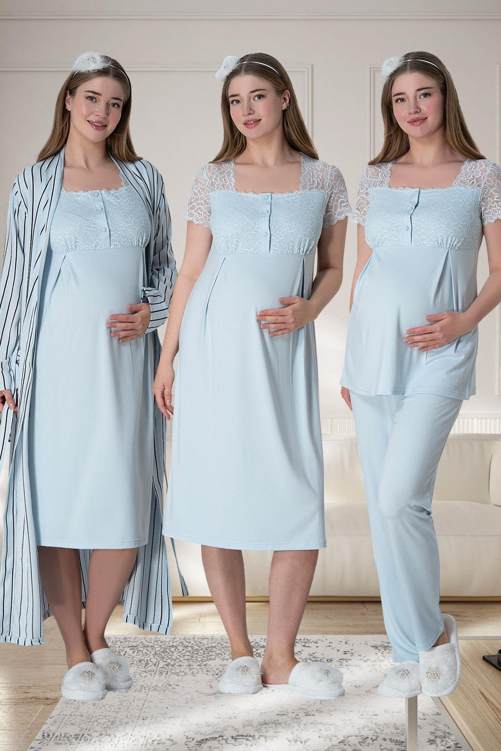 Mavi Çizgili Uzun Sabahlıklı Emzirme Kolaylıklı Dantel Detaylı Lohusa Gecelik Pijama Takımı 4'lü Lohusa Seti-6063