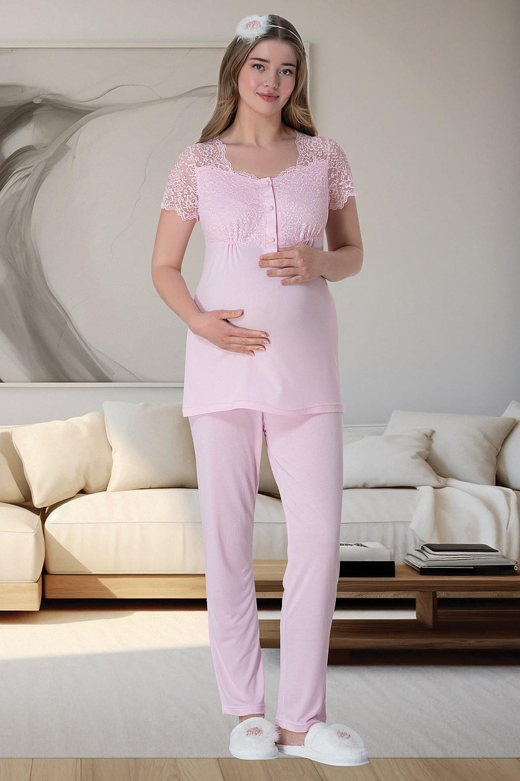 Pembe Çizgili Uzun Sabahlıklı Emzirme Kolaylıklı Dantel Detaylı Lohusa Gecelik Pijama Takımı 4'lü Lohusa Seti-6063