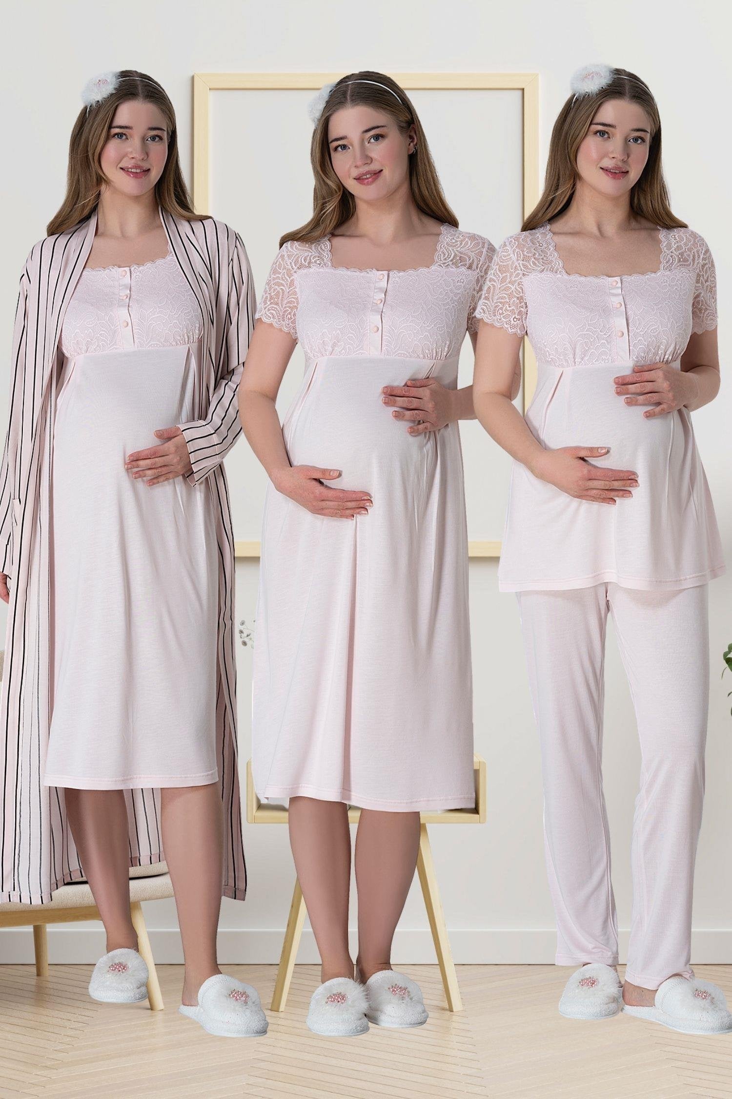 Pembe Çizgili Uzun Sabahlıklı Emzirme Kolaylıklı Dantel Detaylı Lohusa Gecelik Pijama Takımı 4'lü Lohusa Seti-6063