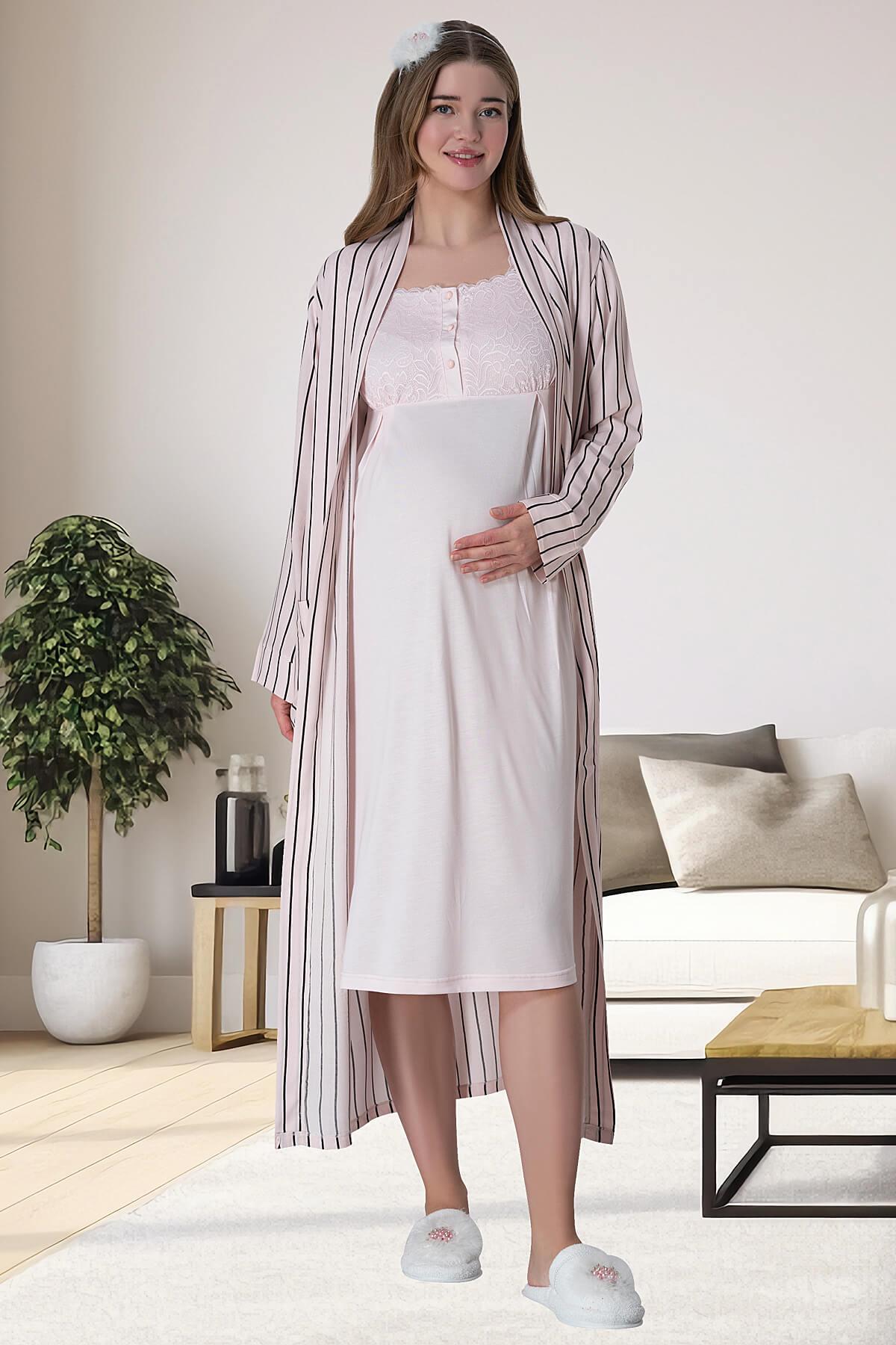 Pembe Çizgili Uzun Sabahlıklı Emzirme Kolaylıklı Dantel Detaylı Lohusa Gecelik Pijama Takımı 4'lü Lohusa Seti-6063