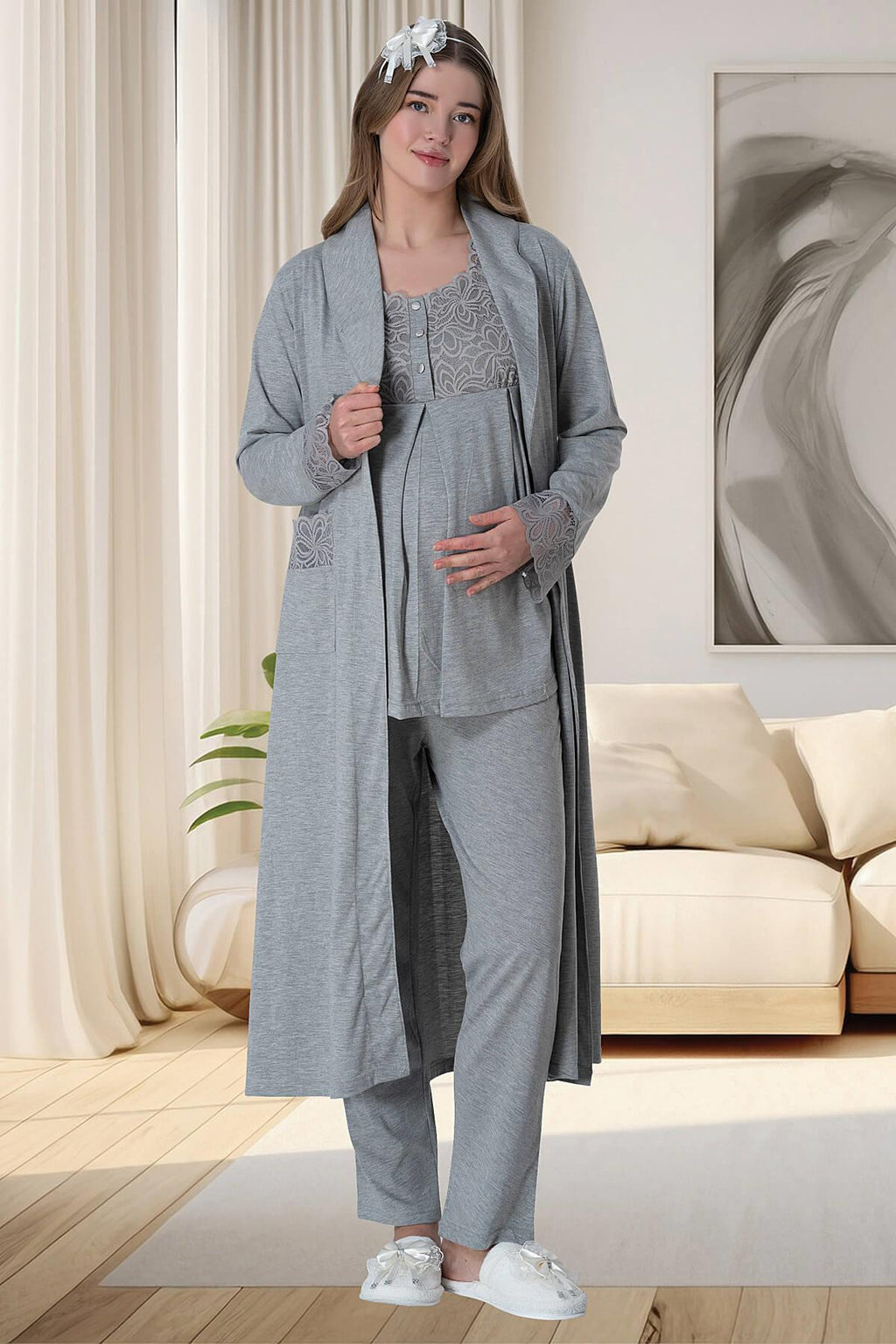 Gri Kısa Kollu Dantel Detaylı Emzirme Özellikli Sabahlık Gecelik Pijama Takımı 4'Lü Lohusa Seti-6066