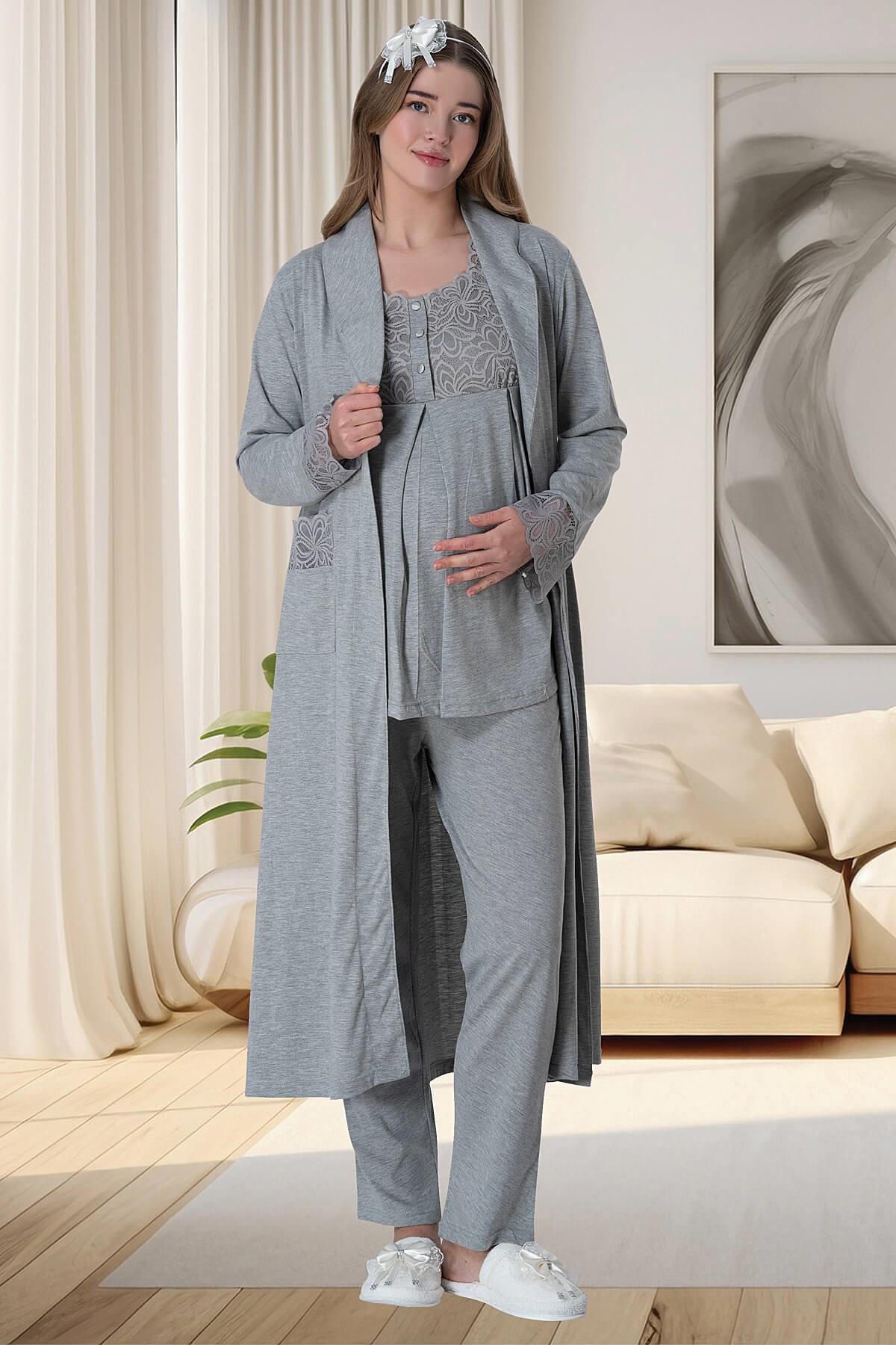 Gri Kısa Kollu Dantel Detaylı Emzirme Özellikli Sabahlık Gecelik Pijama Takımı 4'Lü Lohusa Seti-6066