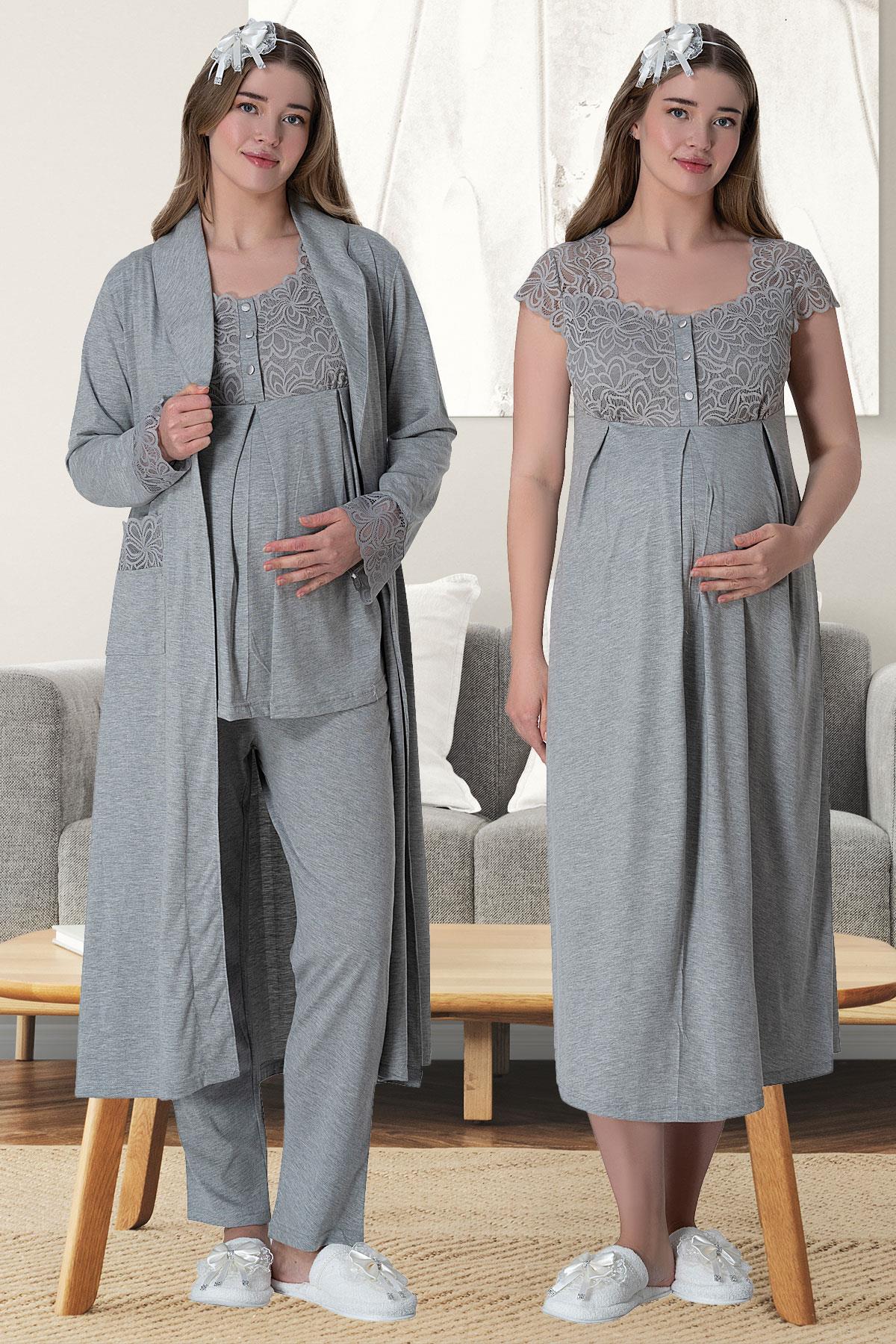 Gri Kısa Kollu Dantel Detaylı Emzirme Özellikli Sabahlık Gecelik Pijama Takımı 4'Lü Lohusa Seti-6066