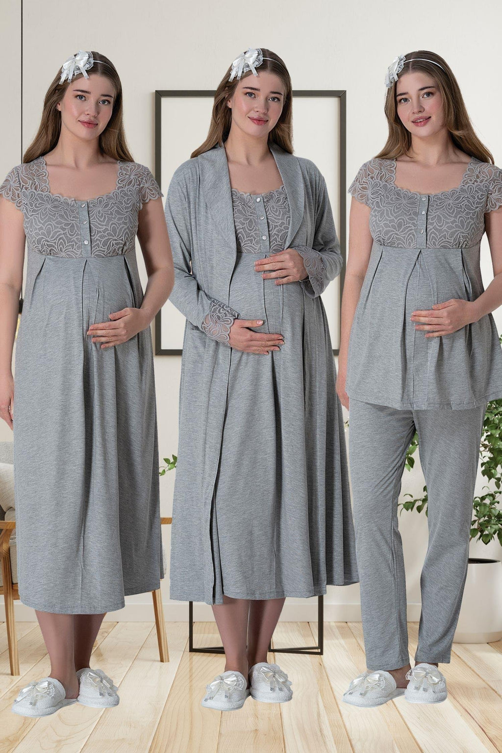 Gri Kısa Kollu Dantel Detaylı Emzirme Özellikli Sabahlık Gecelik Pijama Takımı 4'Lü Lohusa Seti-6066
