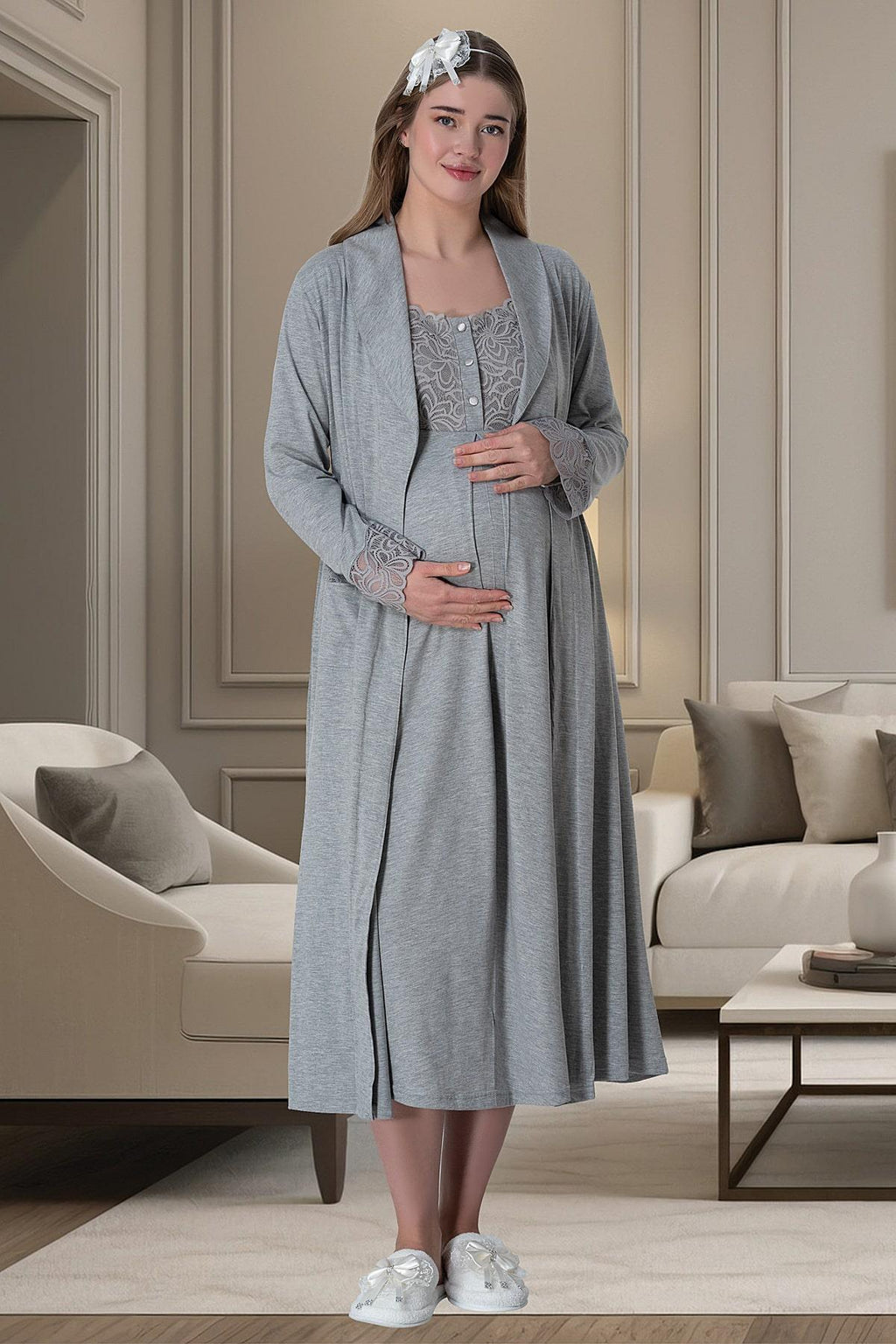 Gri Kısa Kollu Dantel Detaylı Emzirme Özellikli Sabahlık Gecelik Pijama Takımı 4'Lü Lohusa Seti-6066