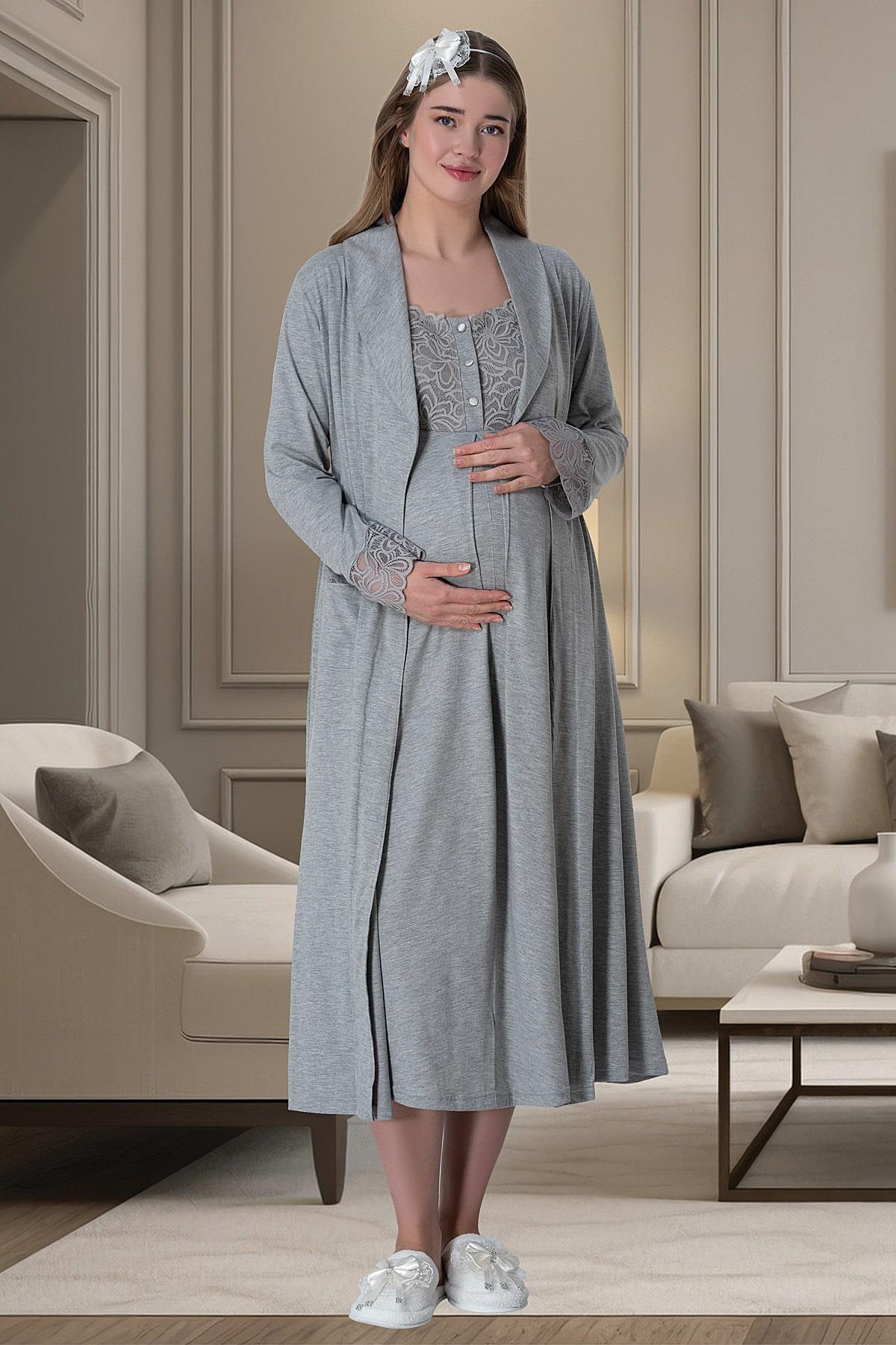 Gri Kısa Kollu Dantel Detaylı Emzirme Özellikli Sabahlık Gecelik Pijama Takımı 4'Lü Lohusa Seti-6066